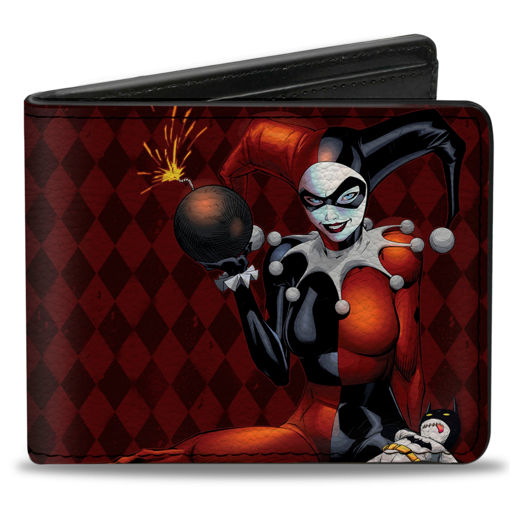 Bi-Fold Wallet - HARLEY QUINN w Batman Voodoo Doll Holding Bomb + Hand Stand Diamonds Reds White Bi-Fold Wallets DC Comics