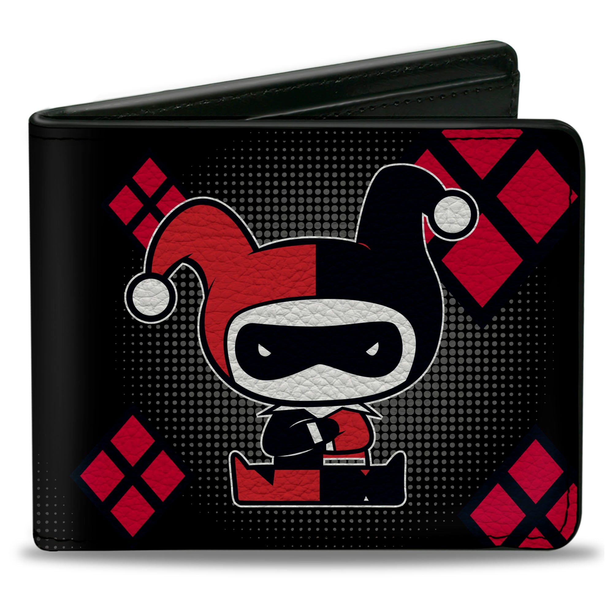 Bi-Fold Wallet - Chibi Harley Quinn Splits Dots Diamonds Black Gray Red Bi-Fold Wallets DC Comics