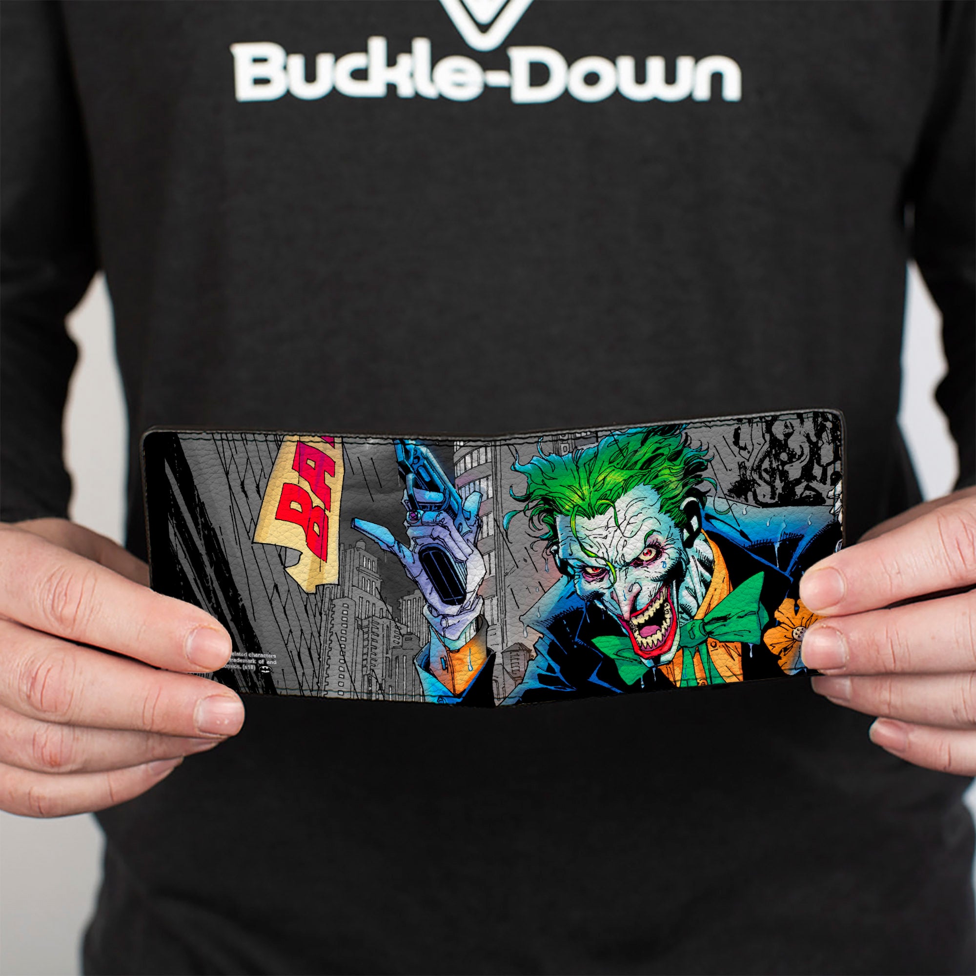 Bi-Fold Wallet - Joker Smiling Gun BANG Alley Pose CLOSE-UP Bi-Fold Wallets DC Comics