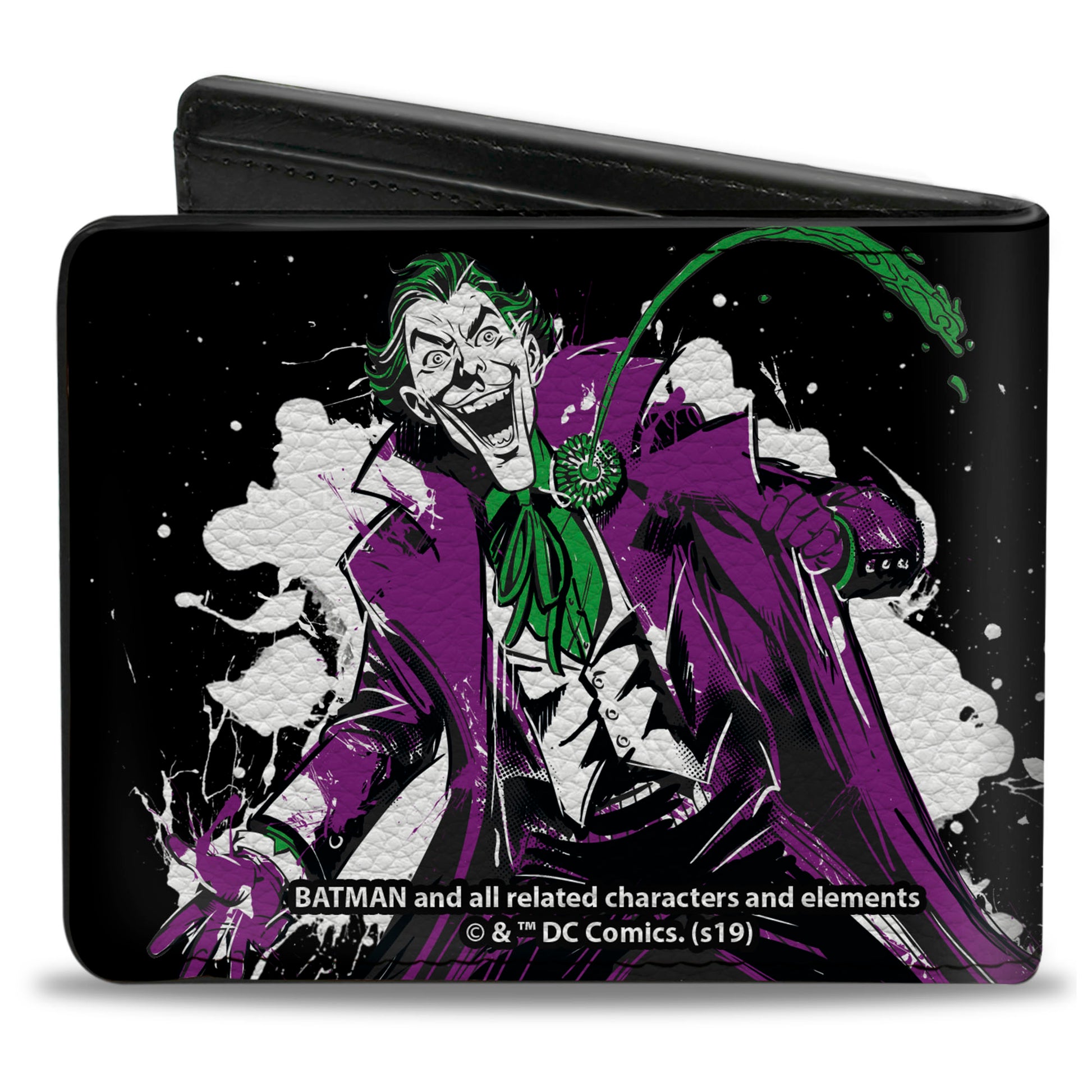 Bi-Fold Wallet - Joker THE CLOWN PRINCE OF CRIME + Flower Squirting Pose Black White Green Bi-Fold Wallets DC Comics