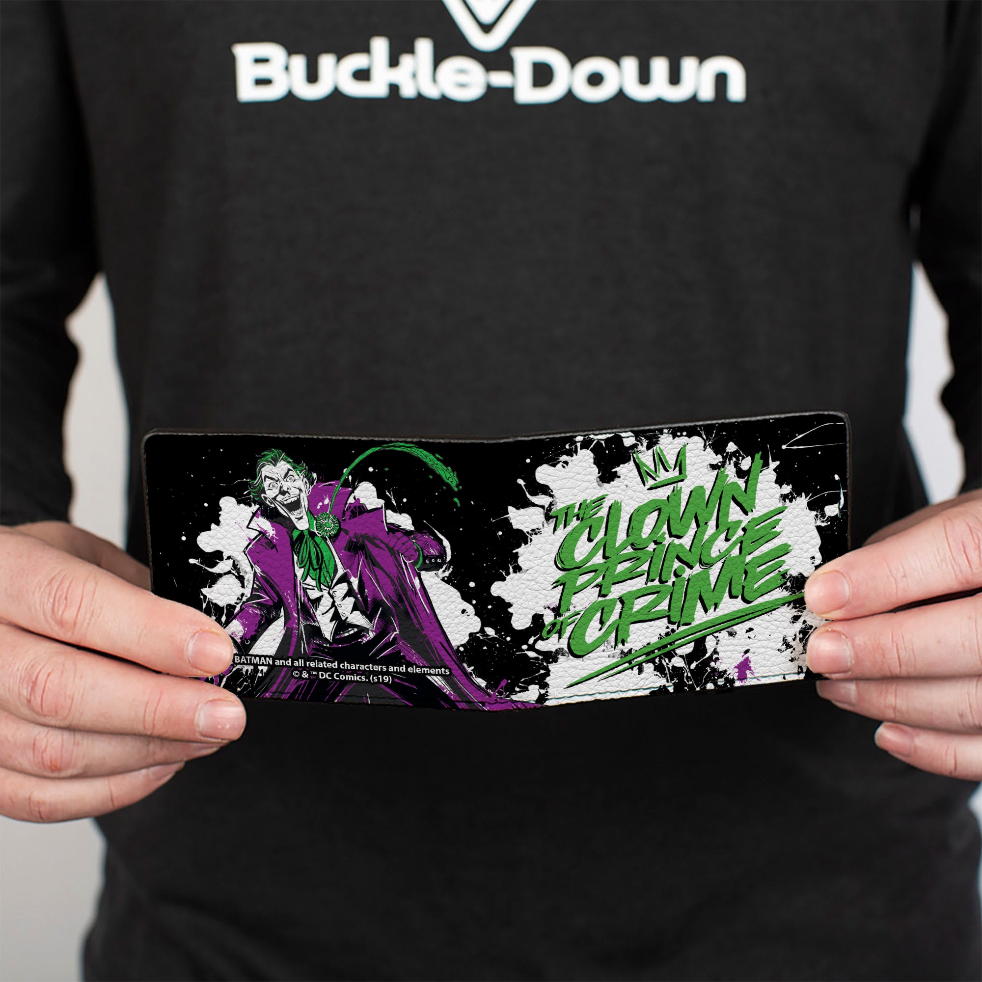 Bi-Fold Wallet - Joker THE CLOWN PRINCE OF CRIME + Flower Squirting Pose Black White Green Bi-Fold Wallets DC Comics