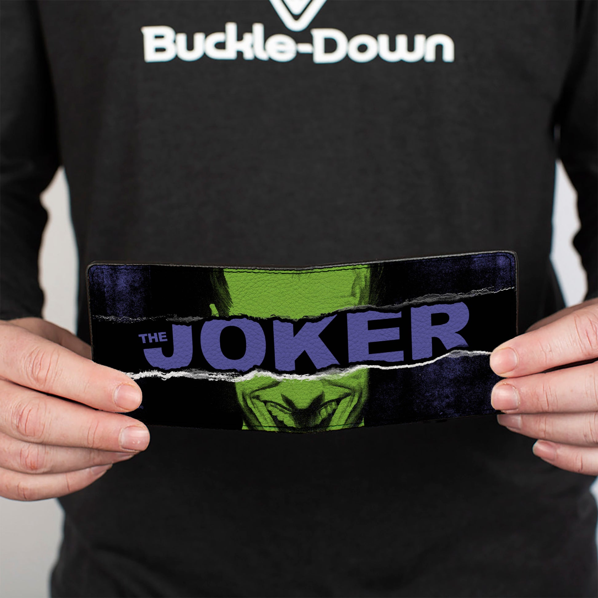 Bi-Fold Wallet - THE JOKER Smiling Pose and Text Over Eyes Black/Purples/Greens Bi-Fold Wallets DC Comics