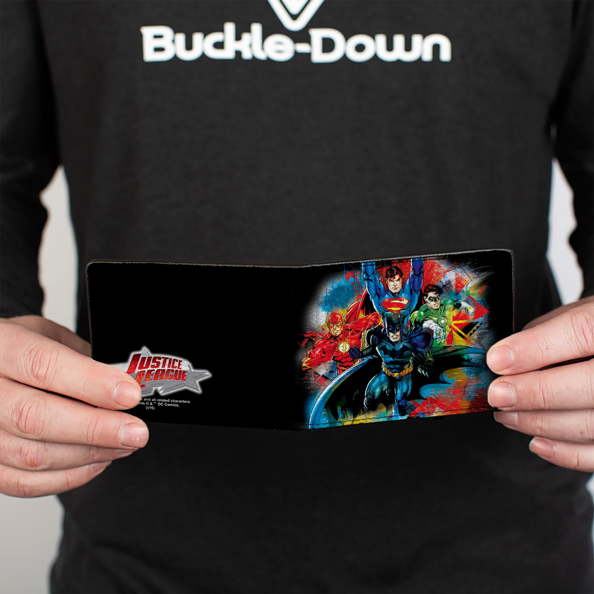 Bi-Fold Wallet - Justice League 4-Superhero Group Pose Splatter + Logo Black Gray Red Multi Color Bi-Fold Wallets DC Comics