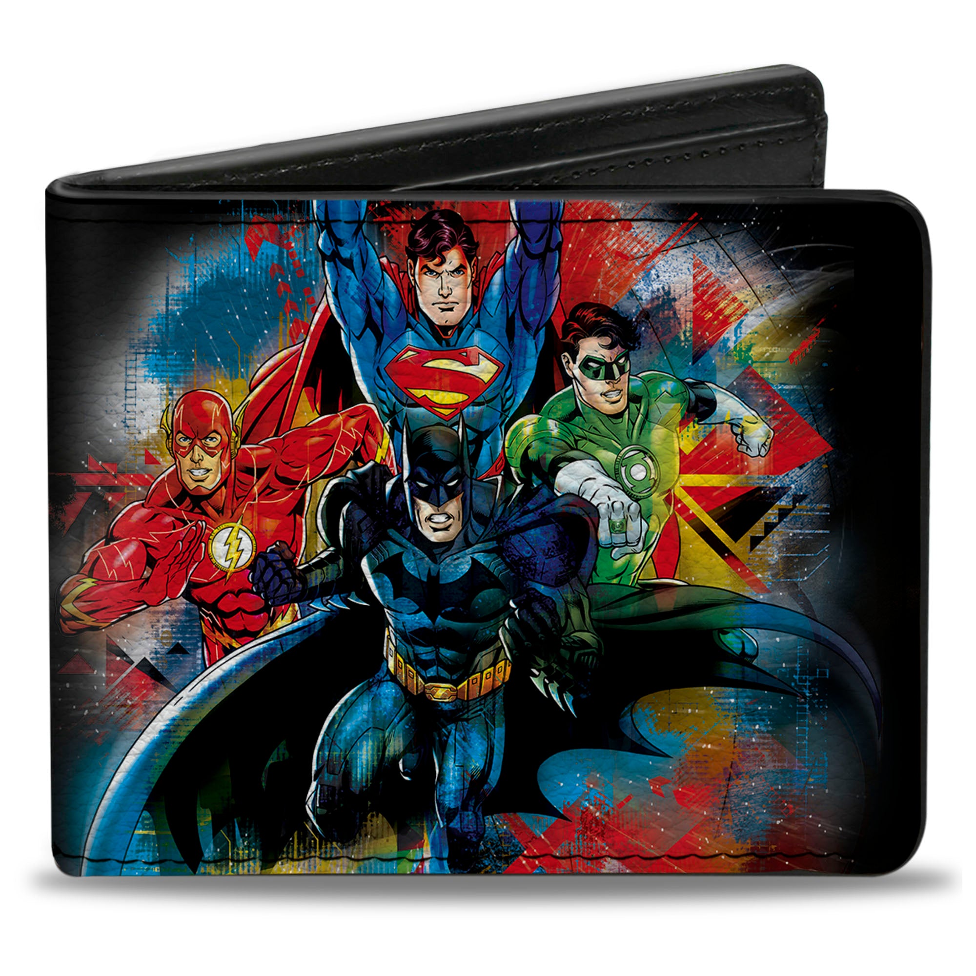 Bi-Fold Wallet - Justice League 4-Superhero Group Pose Splatter + Logo Black Gray Red Multi Color Bi-Fold Wallets DC Comics
