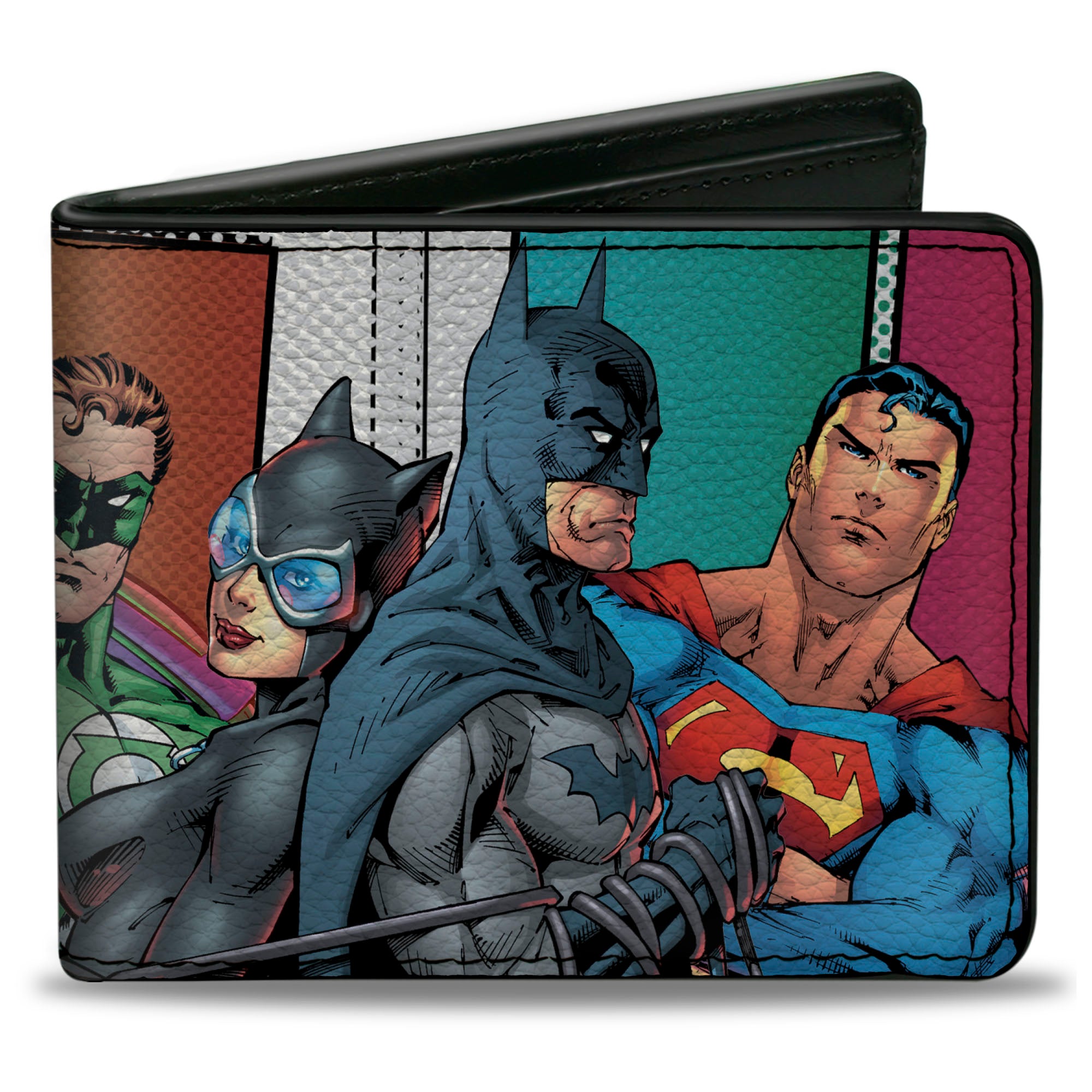 Bi-Fold Wallet - Justice Leage 4-Superheroes and 2-Villains Group Pose Halftone Blocks Multi Color Bi-Fold Wallets DC Comics