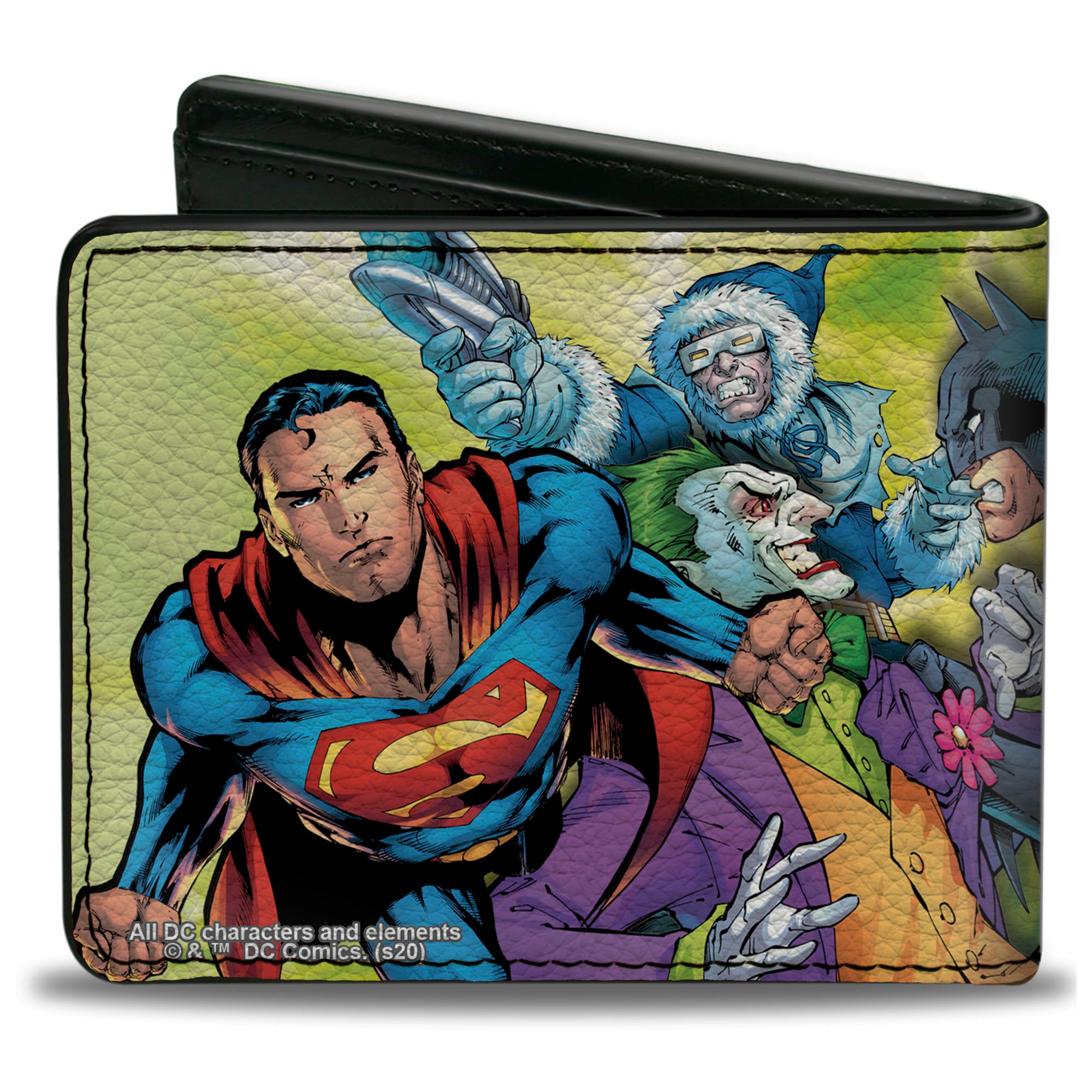 Bi-Fold Wallet - Justice Leage 4-Superheroes and 2-Villains Group Pose2 Glow Burst Greens Bi-Fold Wallets DC Comics