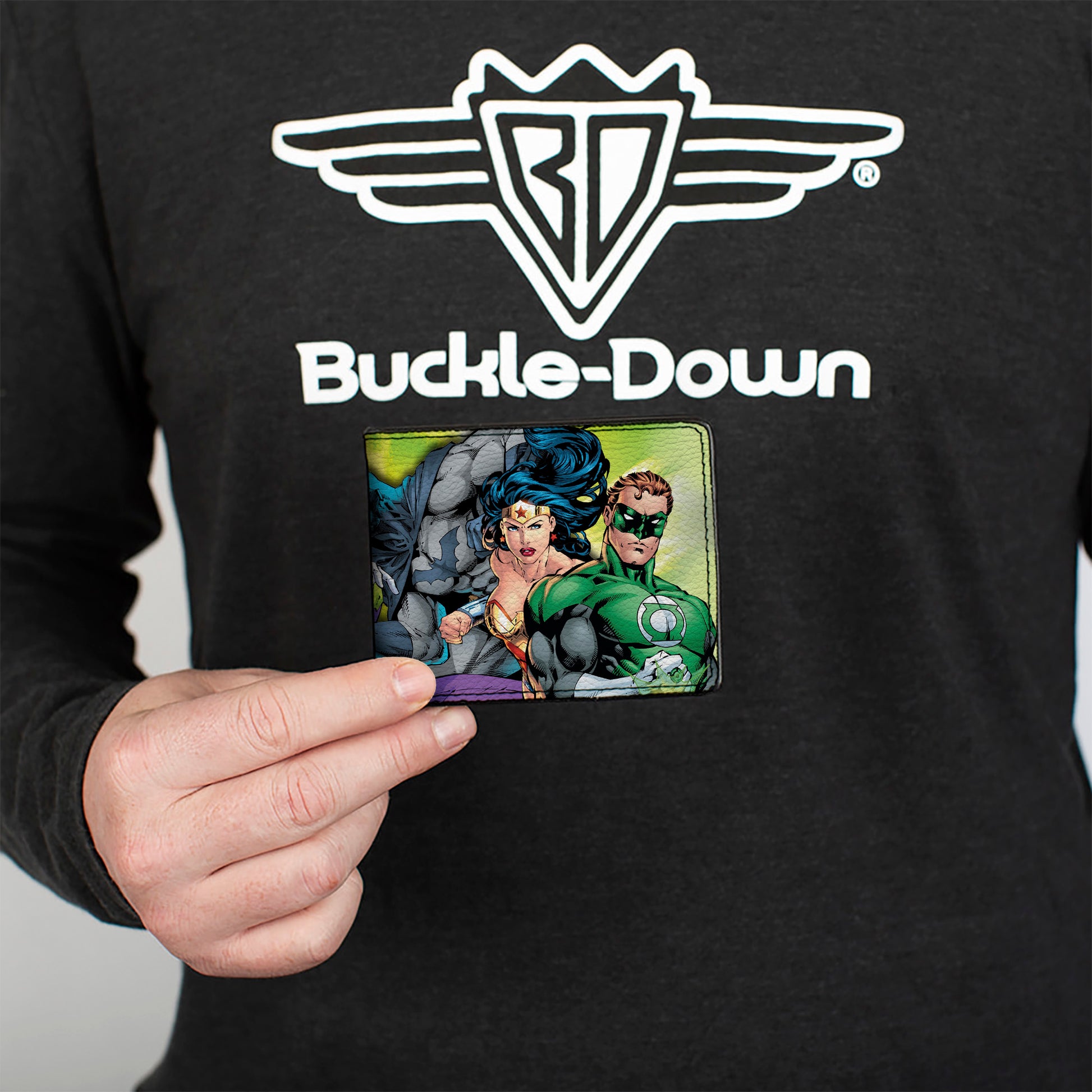 Bi-Fold Wallet - Justice Leage 4-Superheroes and 2-Villains Group Pose2 Glow Burst Greens Bi-Fold Wallets DC Comics