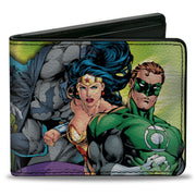 Bi-Fold Wallet - Justice Leage 4-Superheroes and 2-Villains Group Pose2 Glow Burst Greens Bi-Fold Wallets DC Comics