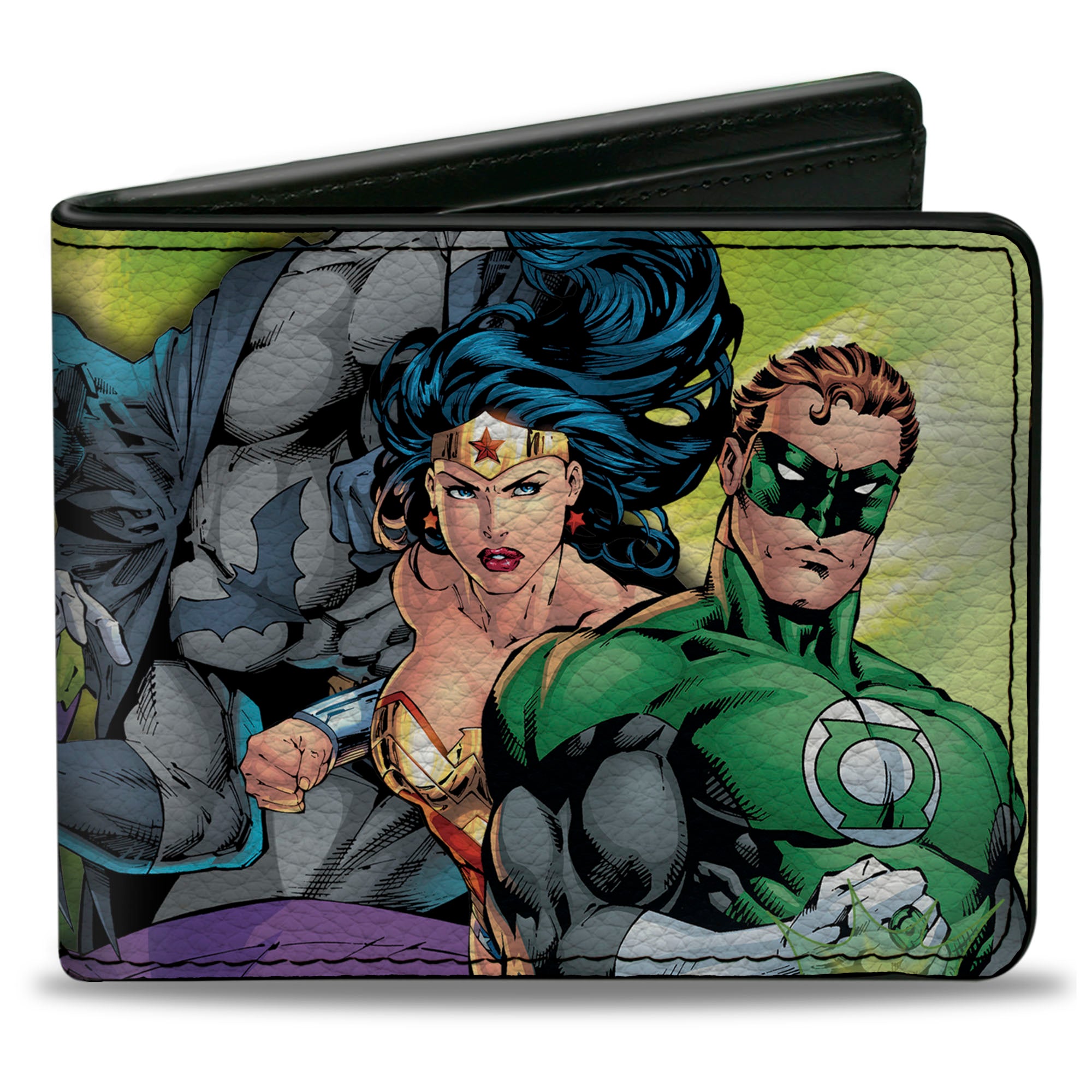 Bi-Fold Wallet - Justice Leage 4-Superheroes and 2-Villains Group Pose2 Glow Burst Greens Bi-Fold Wallets DC Comics