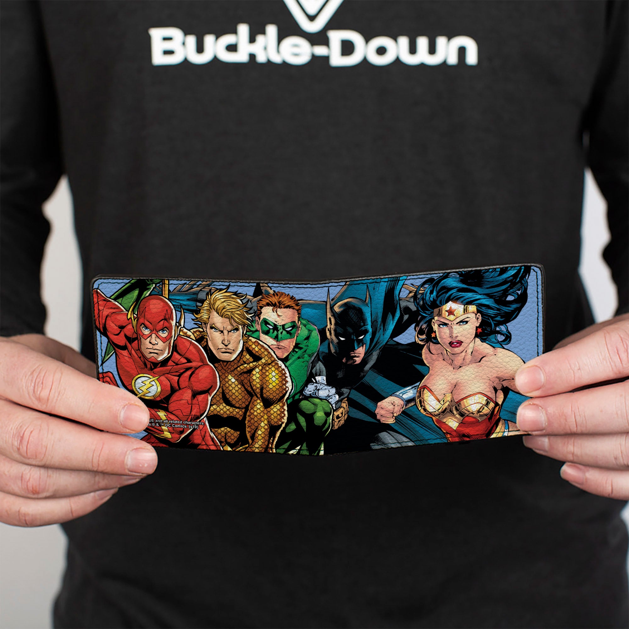 Bi-Fold Wallet - Justice League New 52 5-Superhero Group Action Poses Sky Blue Bi-Fold Wallets DC Comics