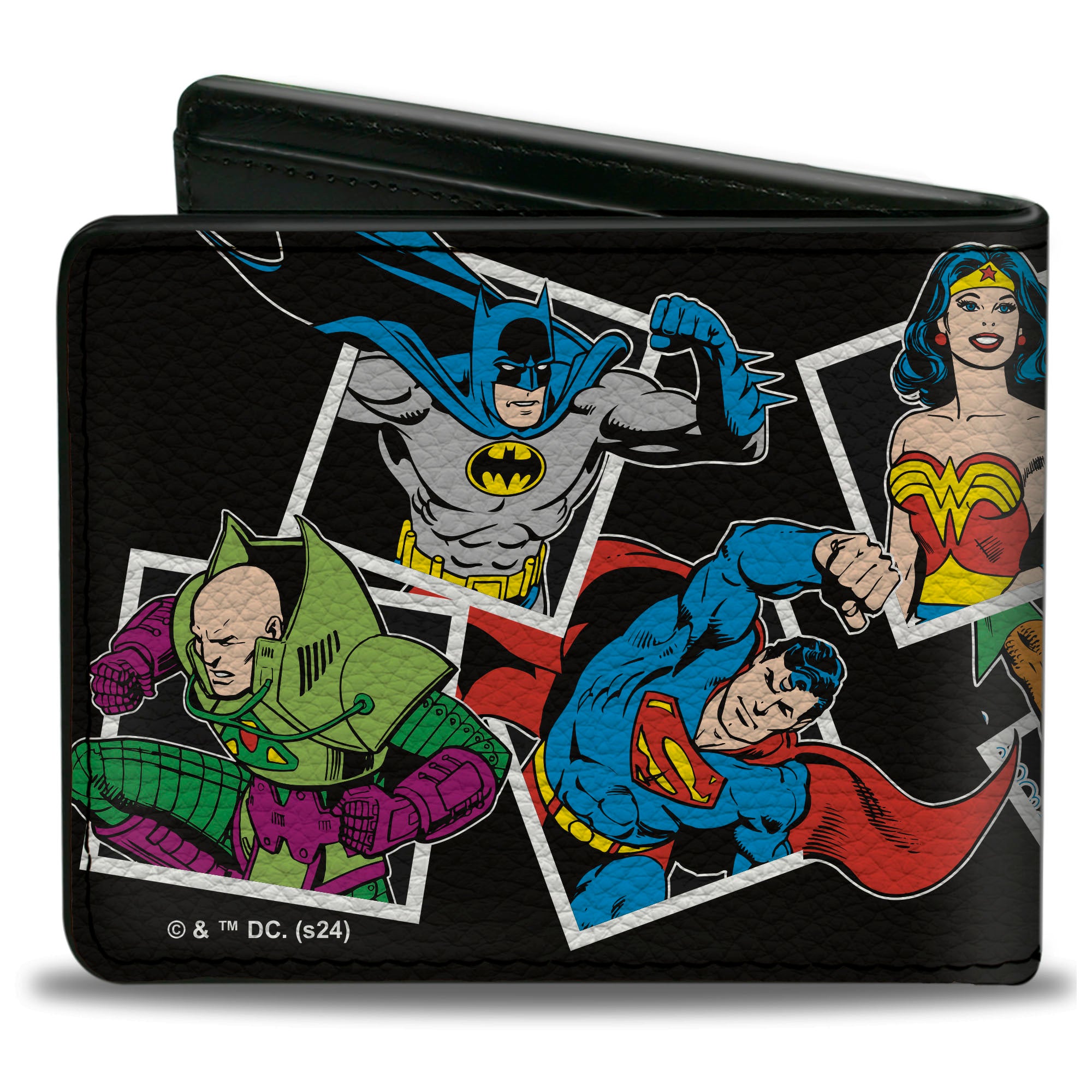 Bi-Fold Wallet - Justice League Vintage Superhero and Villain Pose Blocks Black Bi-Fold Wallets DC Comics