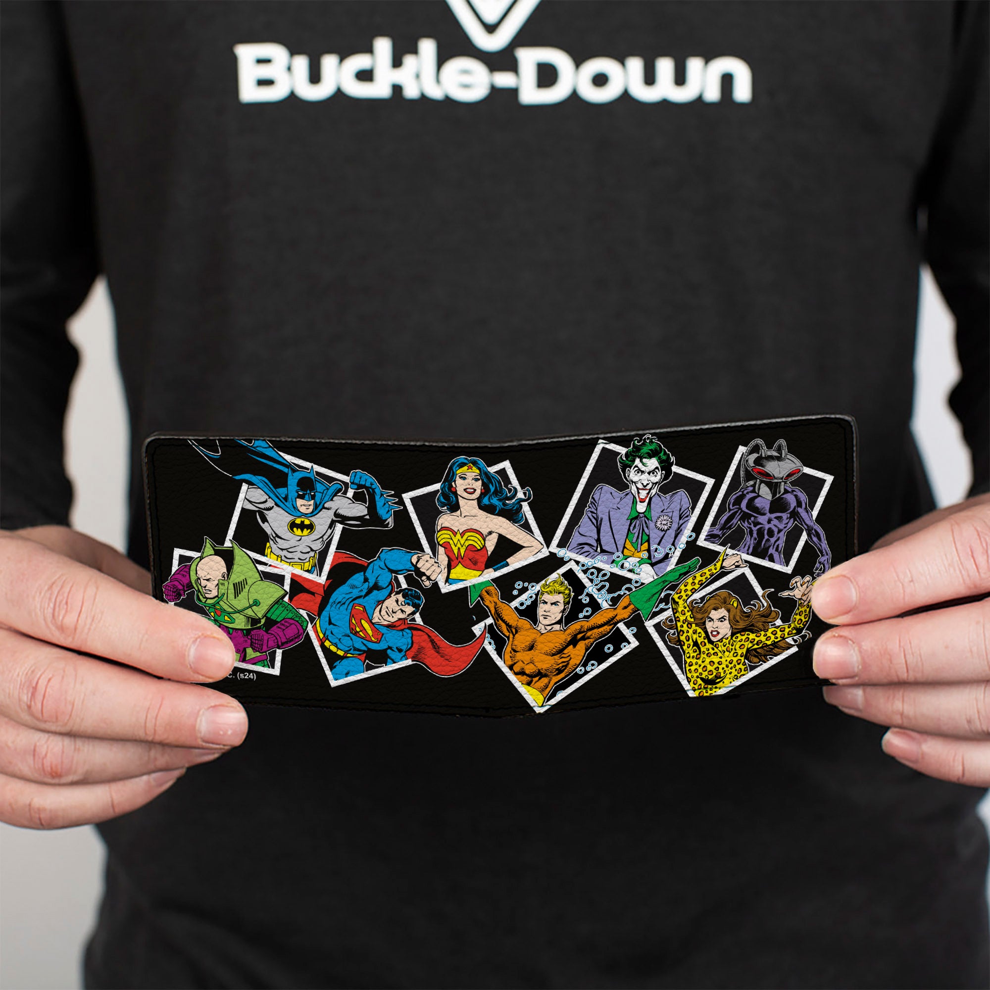 Bi-Fold Wallet - Justice League Vintage Superhero and Villain Pose Blocks Black Bi-Fold Wallets DC Comics