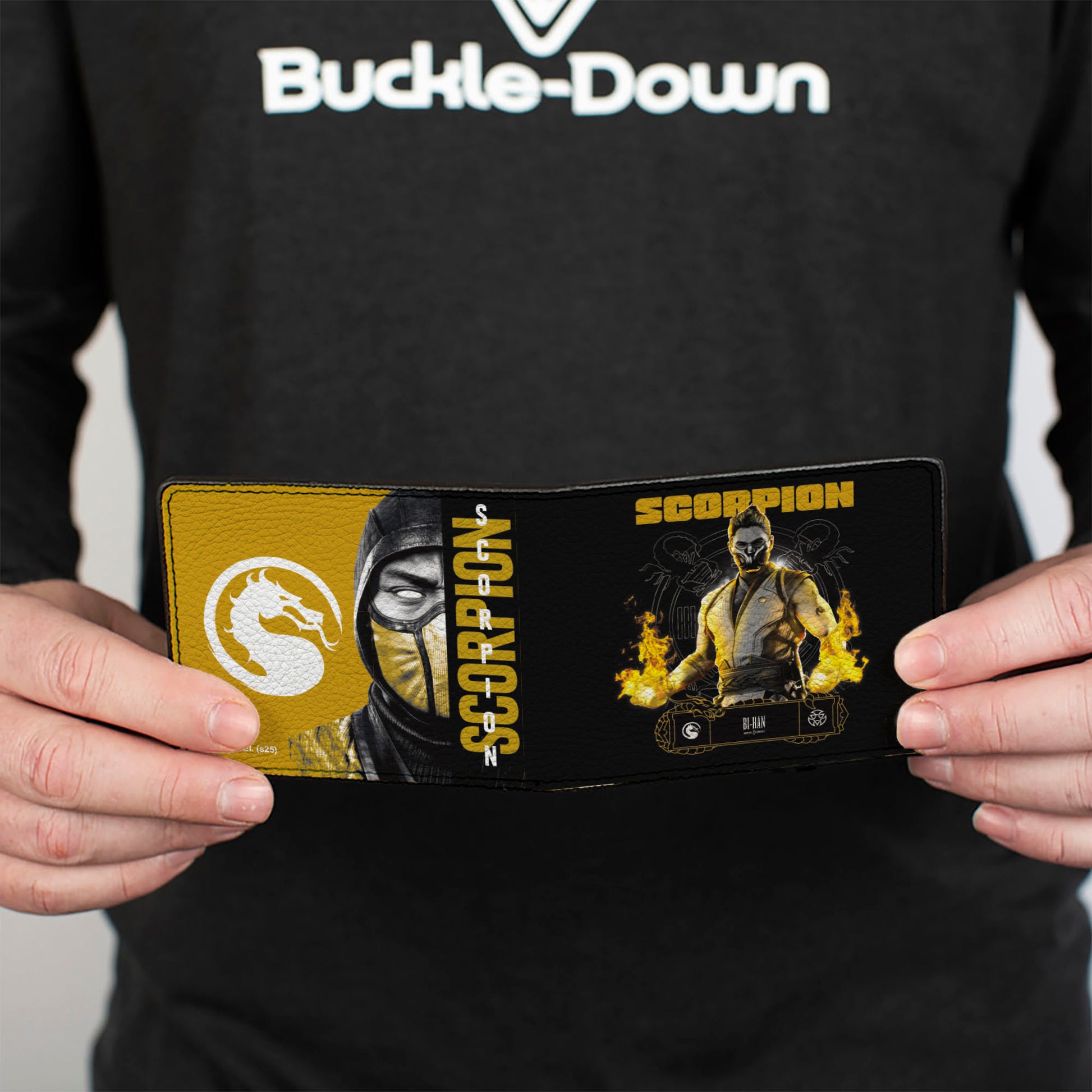 Bi-Fold Wallet - Mortal Kombat SCORPION Pose and Face Black/Yellows Bi-Fold Wallets Mortal Kombat