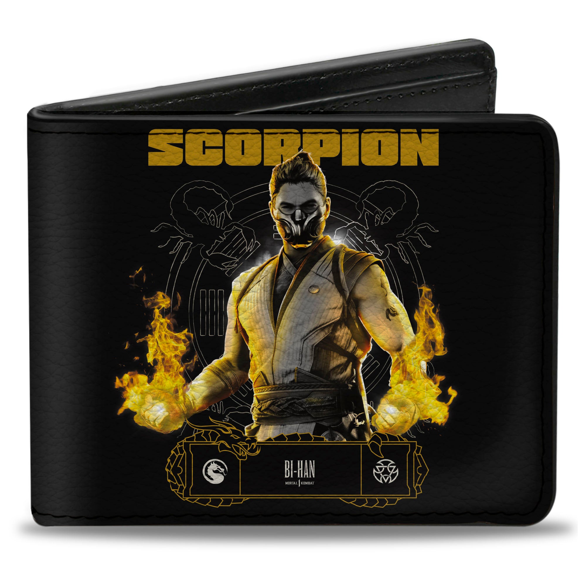 Bi-Fold Wallet - Mortal Kombat SCORPION Pose and Face Black/Yellows Bi-Fold Wallets Mortal Kombat