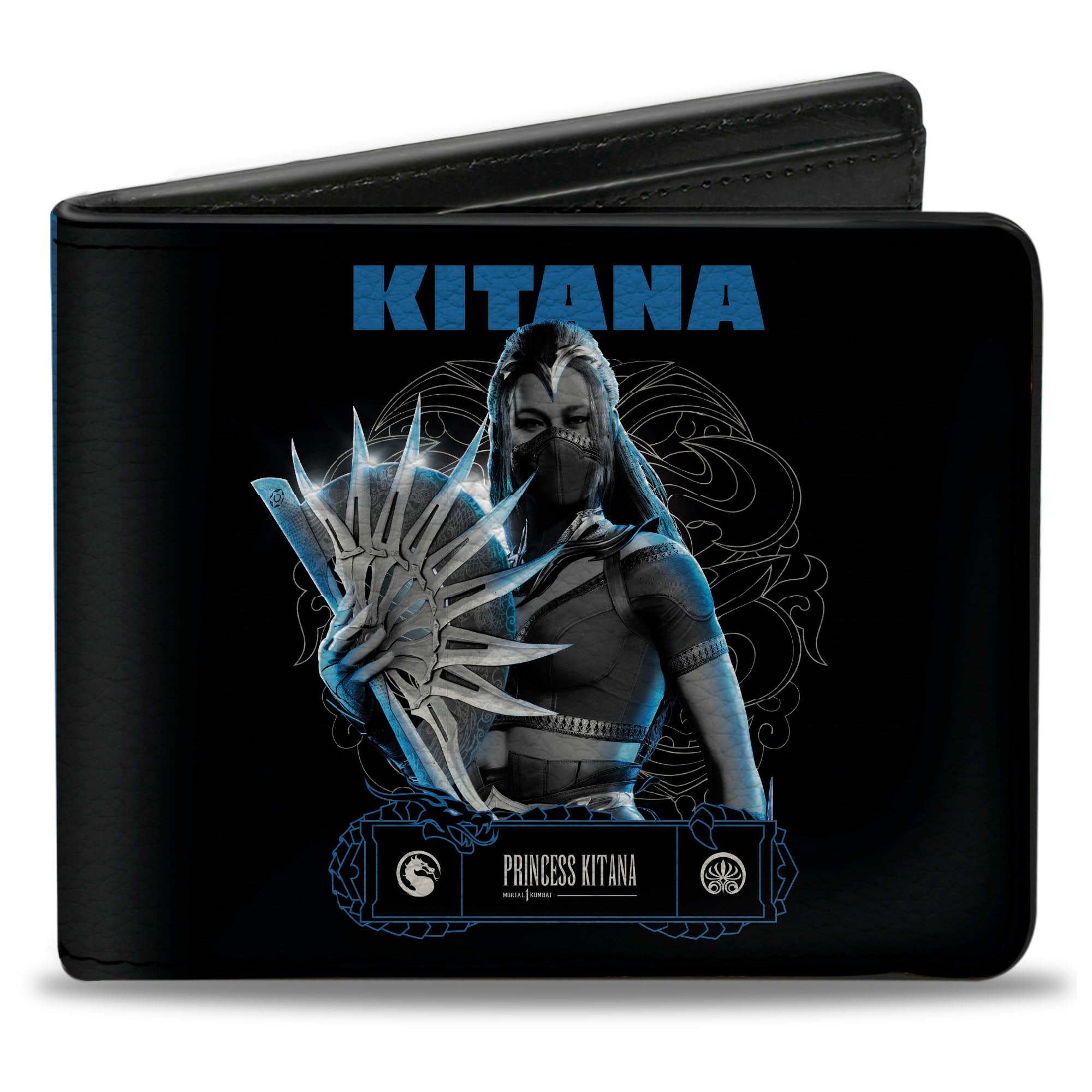 Bi-Fold Wallet - Mortal Kombat KITANA Steel Fan Pose with Dragon Logo Blue/White Bi-Fold Wallets Mortal Kombat