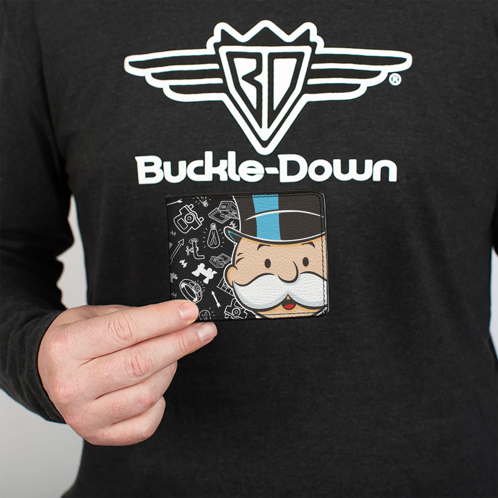 Bi-Fold Wallet - Mr. Monopoly Rich Uncle Pennybags Face and Game Icons Black/White Bi-Fold Wallets Hasbro