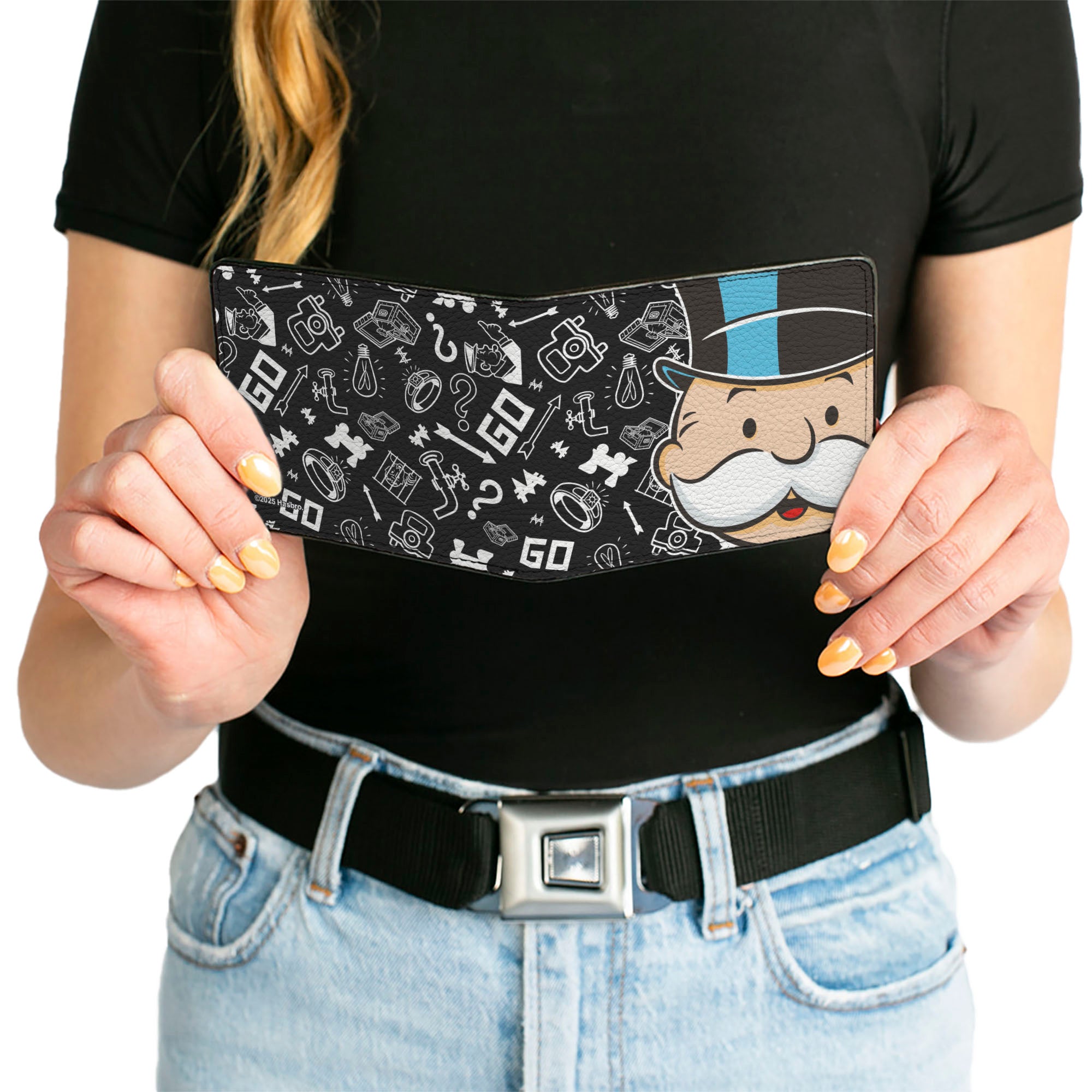 Bi-Fold Wallet - Mr. Monopoly Rich Uncle Pennybags Face and Game Icons Black/White Bi-Fold Wallets Hasbro