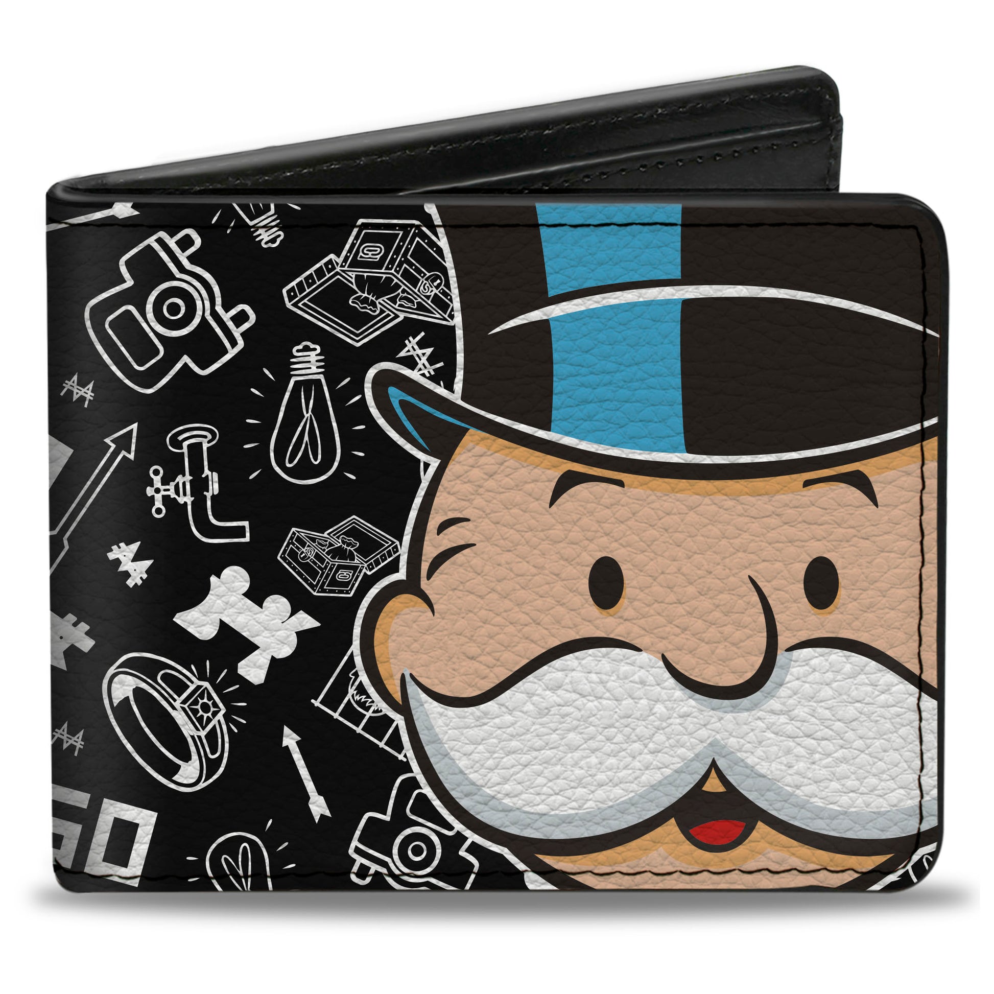 Bi-Fold Wallet - Mr. Monopoly Rich Uncle Pennybags Face and Game Icons Black/White Bi-Fold Wallets Hasbro