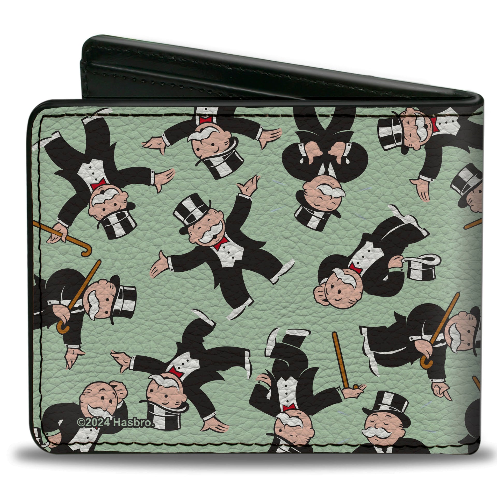 Bi-Fold Wallet - Mr. Monopoly Rich Uncle Pennybags Poses Scattered Green Bi-Fold Wallets Monopoly