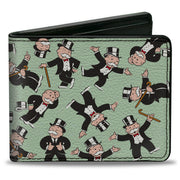 Bi-Fold Wallet - Mr. Monopoly Rich Uncle Pennybags Poses Scattered Green Bi-Fold Wallets Monopoly