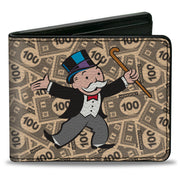 Bi-Fold Wallet - Mr. Monopoly Rich Uncle Pennybags Pose 100 Money Bills Stacked Bi-Fold Wallets Monopoly