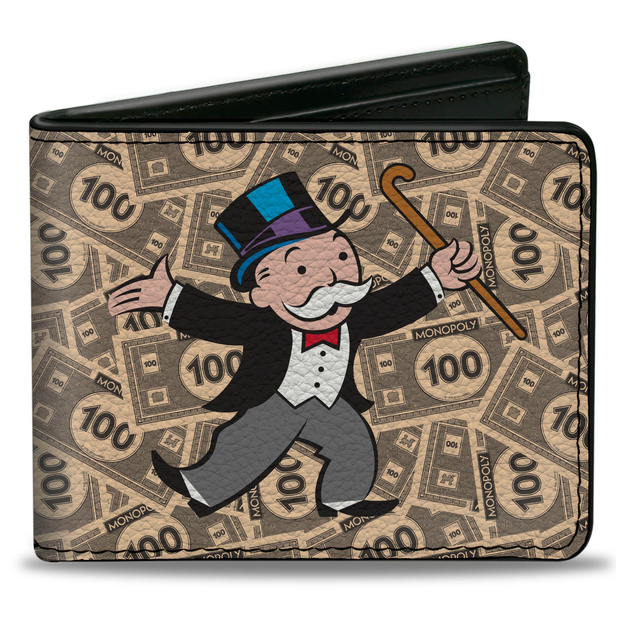 Bi-Fold Wallet - Mr. Monopoly Rich Uncle Pennybags Pose 100 Money Bills Stacked Bi-Fold Wallets Monopoly
