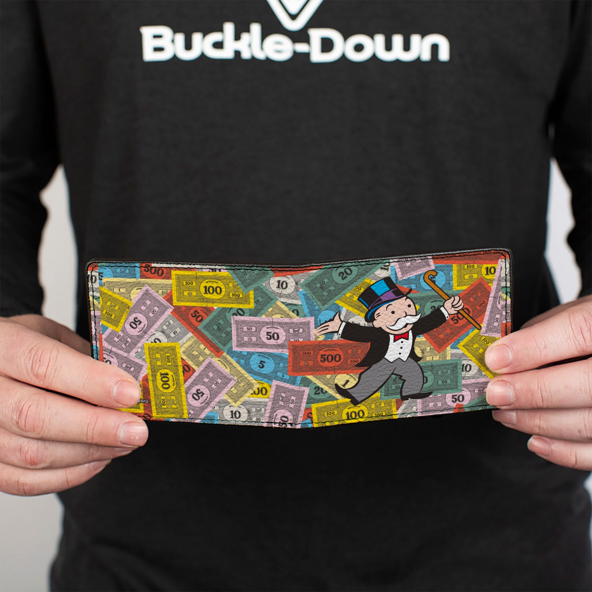 Bi-Fold Wallet - Mr. Monopoly Rich Uncle Pennybags Pose Stacked Money Multi Color Bi-Fold Wallets Monopoly