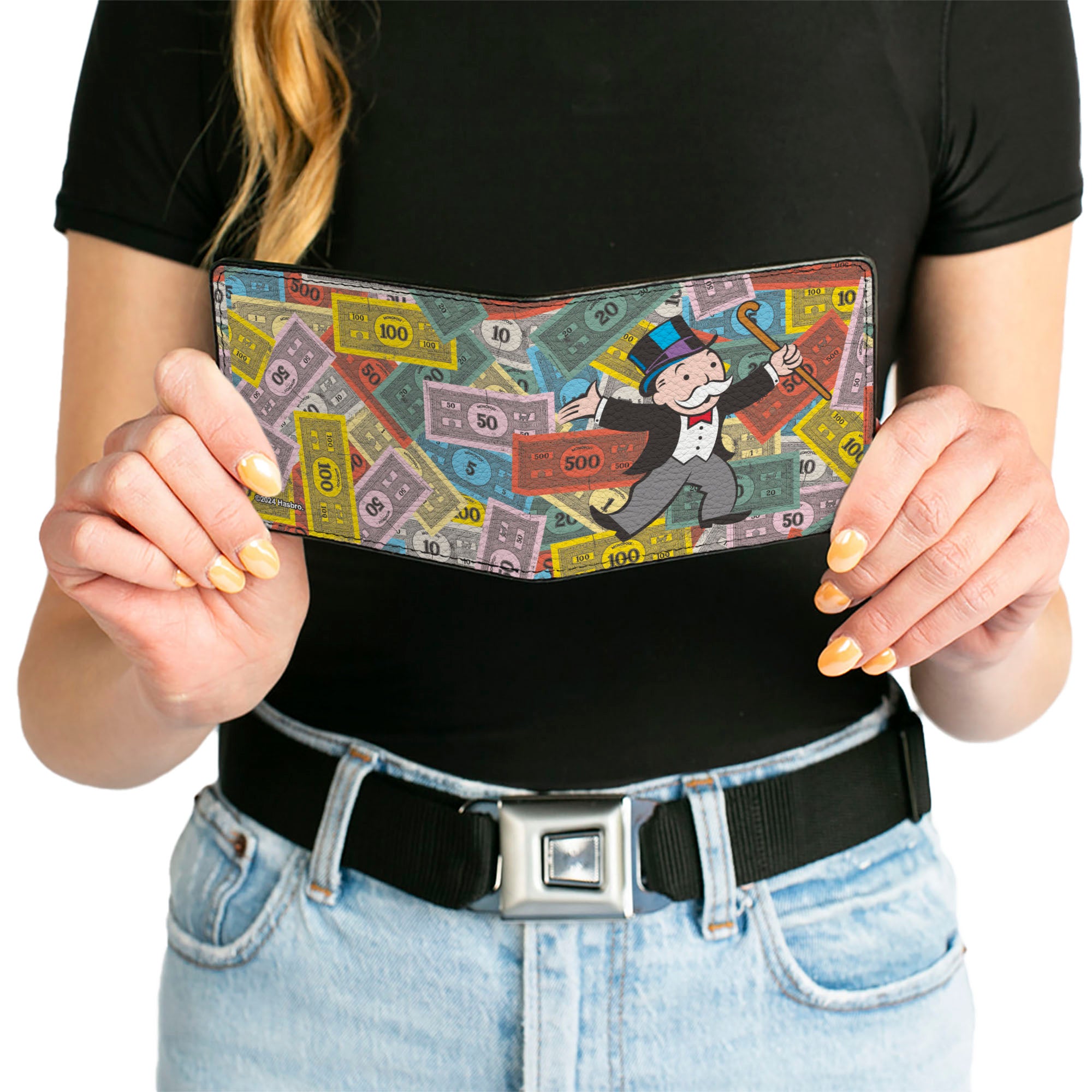 Bi-Fold Wallet - Mr. Monopoly Rich Uncle Pennybags Pose Stacked Money Multi Color Bi-Fold Wallets Monopoly