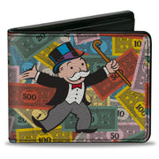 Bi-Fold Wallet - Mr. Monopoly Rich Uncle Pennybags Pose Stacked Money Multi Color Bi-Fold Wallets Monopoly