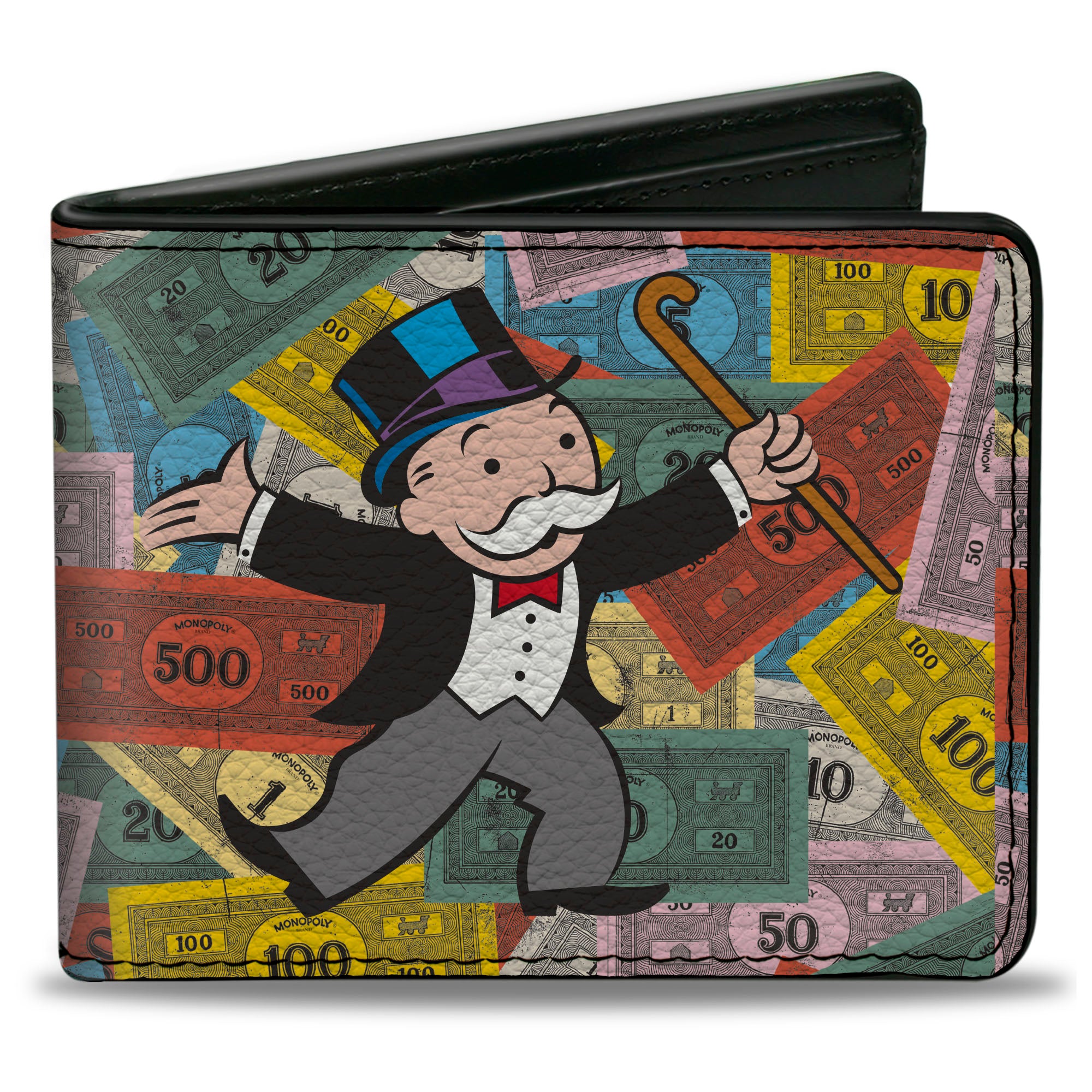 Bi-Fold Wallet - Mr. Monopoly Rich Uncle Pennybags Pose Stacked Money Multi Color Bi-Fold Wallets Monopoly