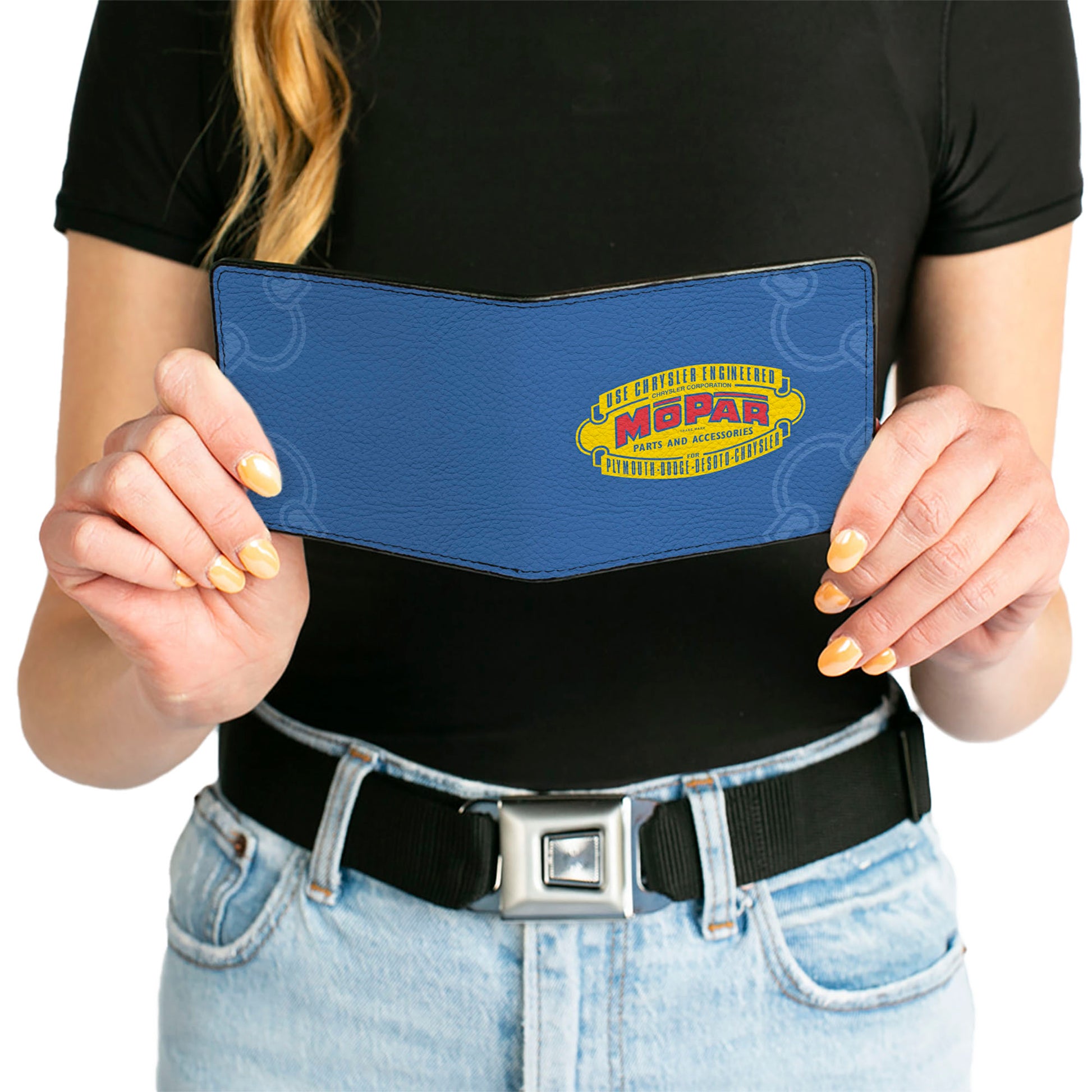 Bi-Fold Wallet - MOPAR 1937-1947 Logo-USE CHRYSLER ENGINEERED MOPAR PARTS AND ACCESSORIES Blue Yellow Red Bi-Fold Wallets Mopar
