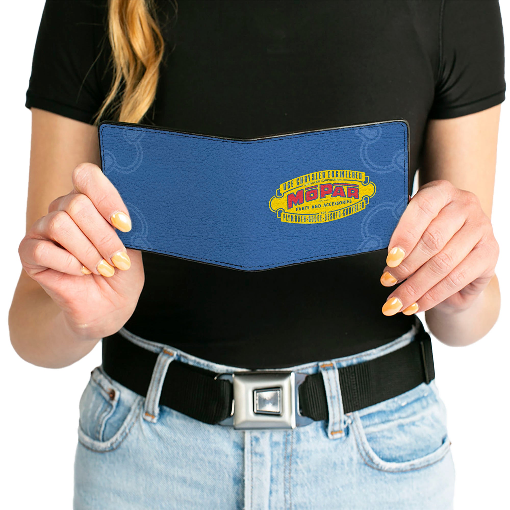 Bi-Fold Wallet - MOPAR 1937-1947 Logo-USE CHRYSLER ENGINEERED MOPAR PARTS AND ACCESSORIES Blue Yellow Red Bi-Fold Wallets Mopar
