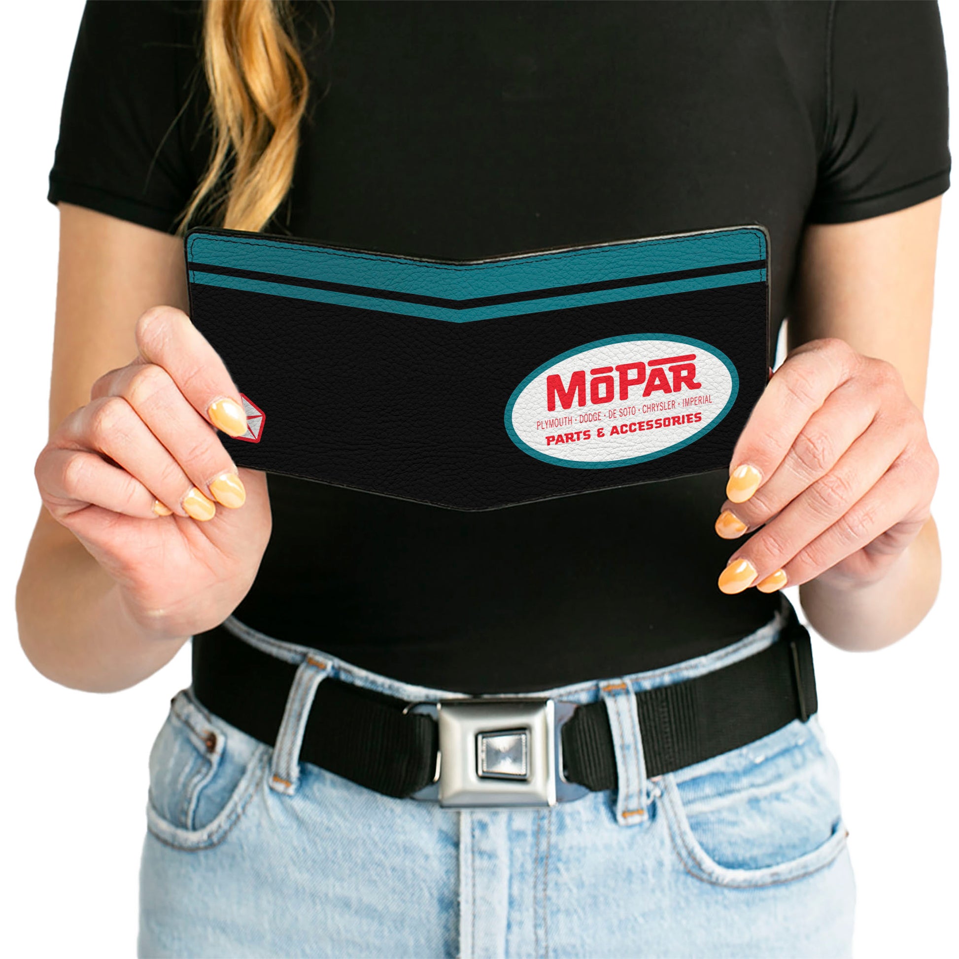 Bi-Fold Wallet - MOPAR 1954-1958 Logo + Chrysler Logo Top Stripe Black Blue Red White Bi-Fold Wallets Mopar