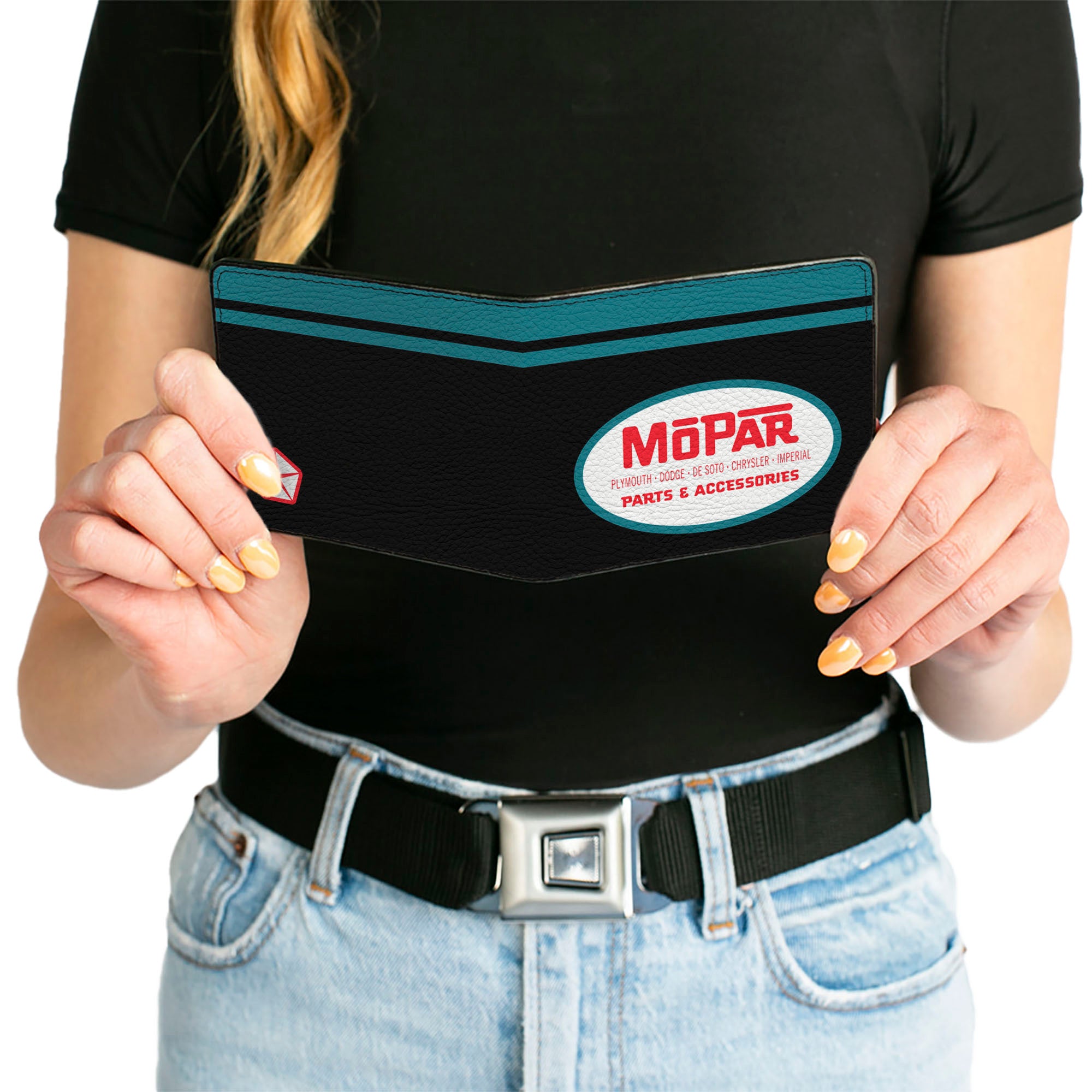 Bi-Fold Wallet - MOPAR 1954-1958 Logo + Chrysler Logo Top Stripe Black Blue Red White Bi-Fold Wallets Mopar