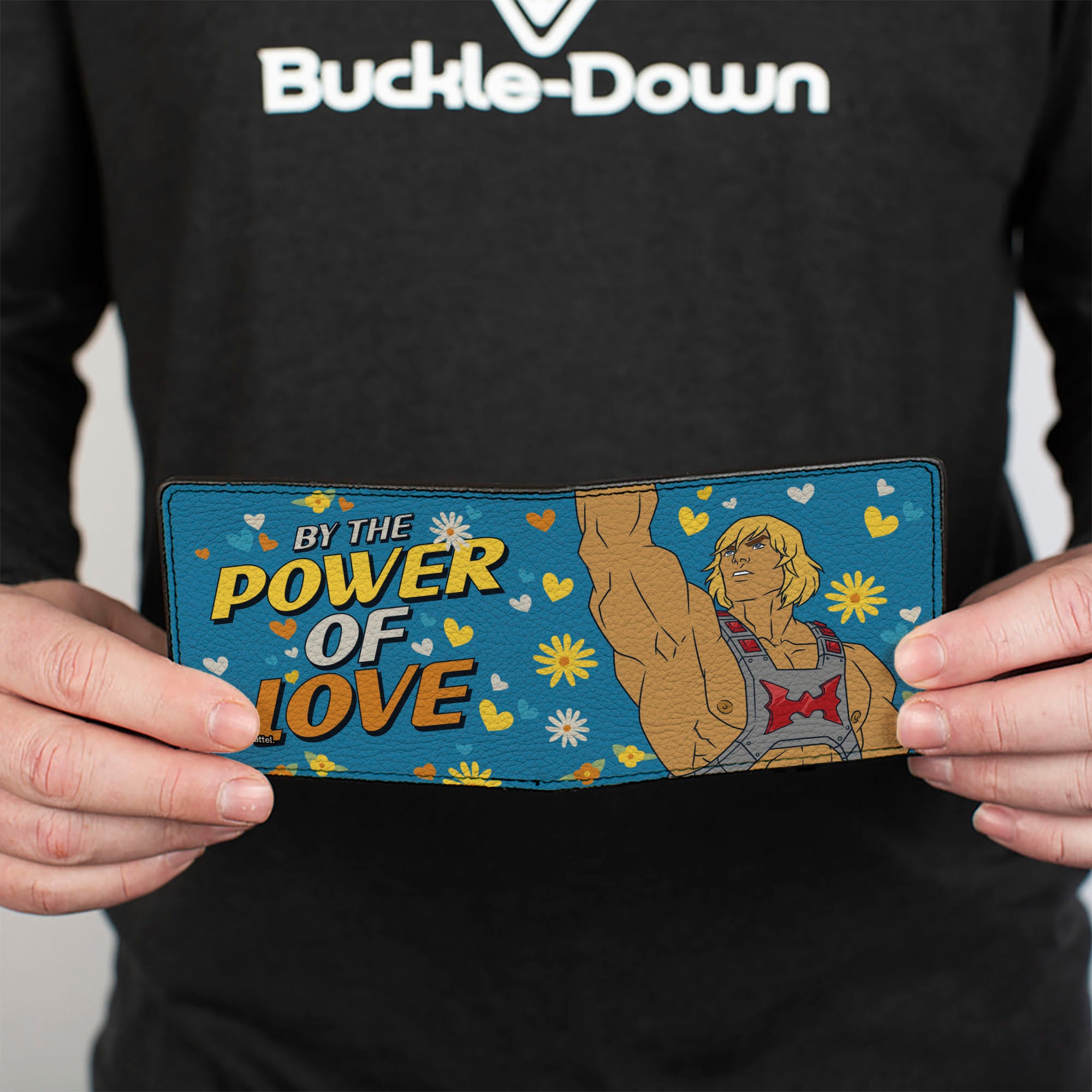 Bi-Fold Wallet - MOTU He-Man BY THE POWER OF LOVE Hearts and Flowers Pose Blues/Yellows Bi-Fold Wallets Masters of the Universe
