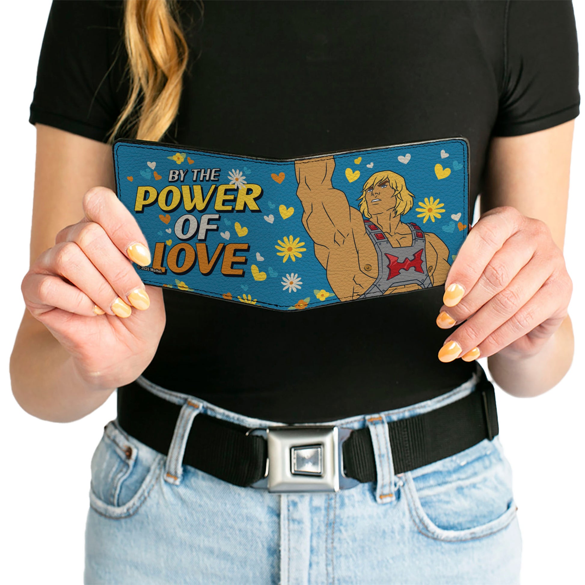Bi-Fold Wallet - MOTU He-Man BY THE POWER OF LOVE Hearts and Flowers Pose Blues/Yellows Bi-Fold Wallets Masters of the Universe