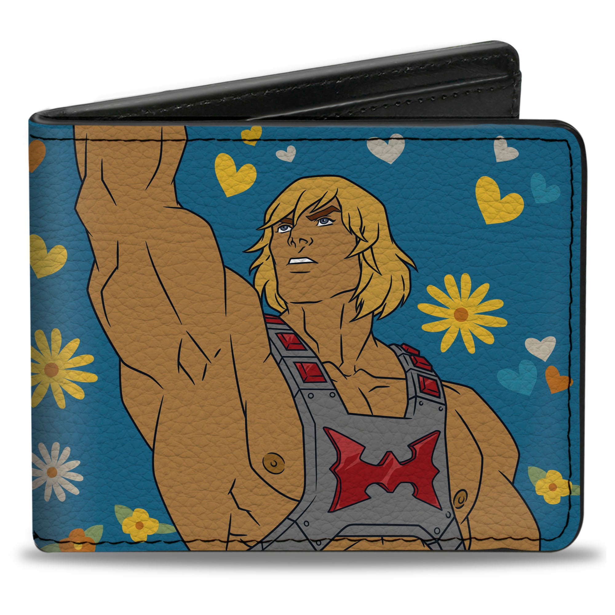 Bi-Fold Wallet - MOTU He-Man BY THE POWER OF LOVE Hearts and Flowers Pose Blues/Yellows Bi-Fold Wallets Masters of the Universe