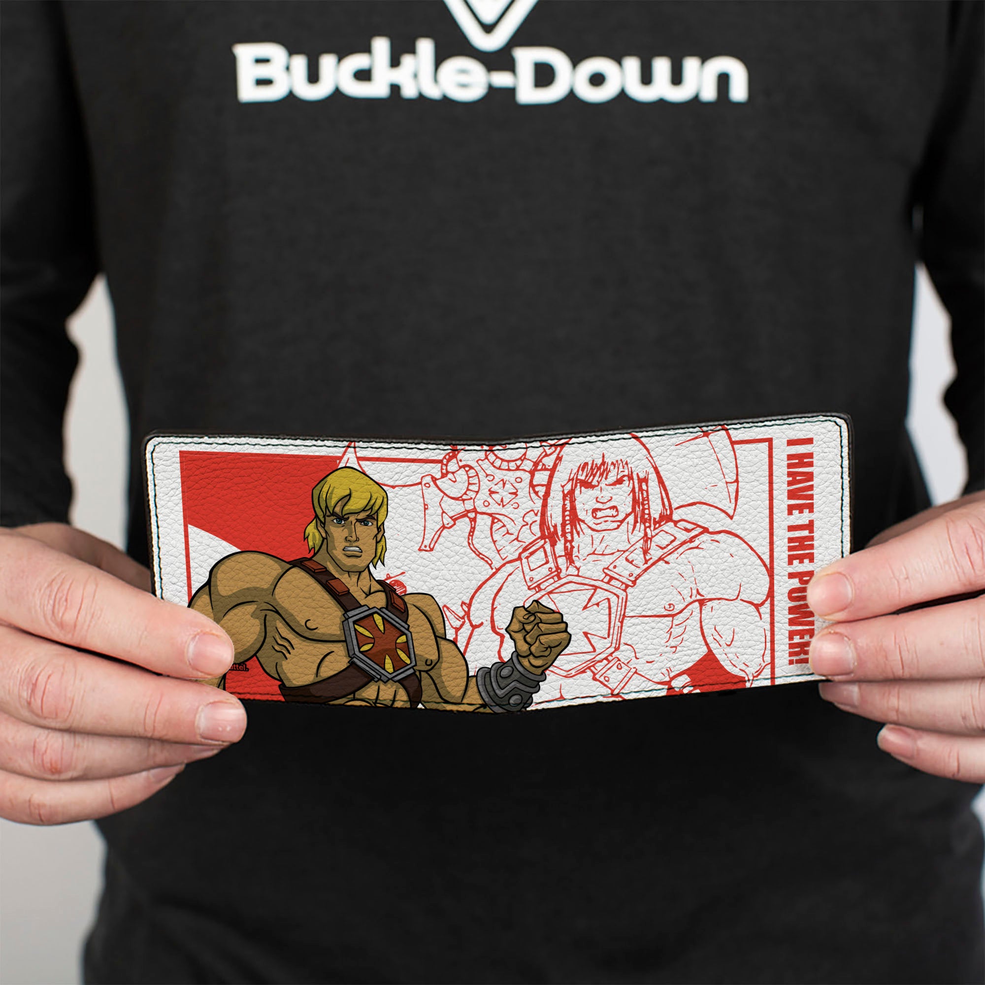 Bi-Fold Wallet - MOTU He-Man I HAVE THE POWER Pose and Sketch White/Red Bi-Fold Wallets Masters of the Universe