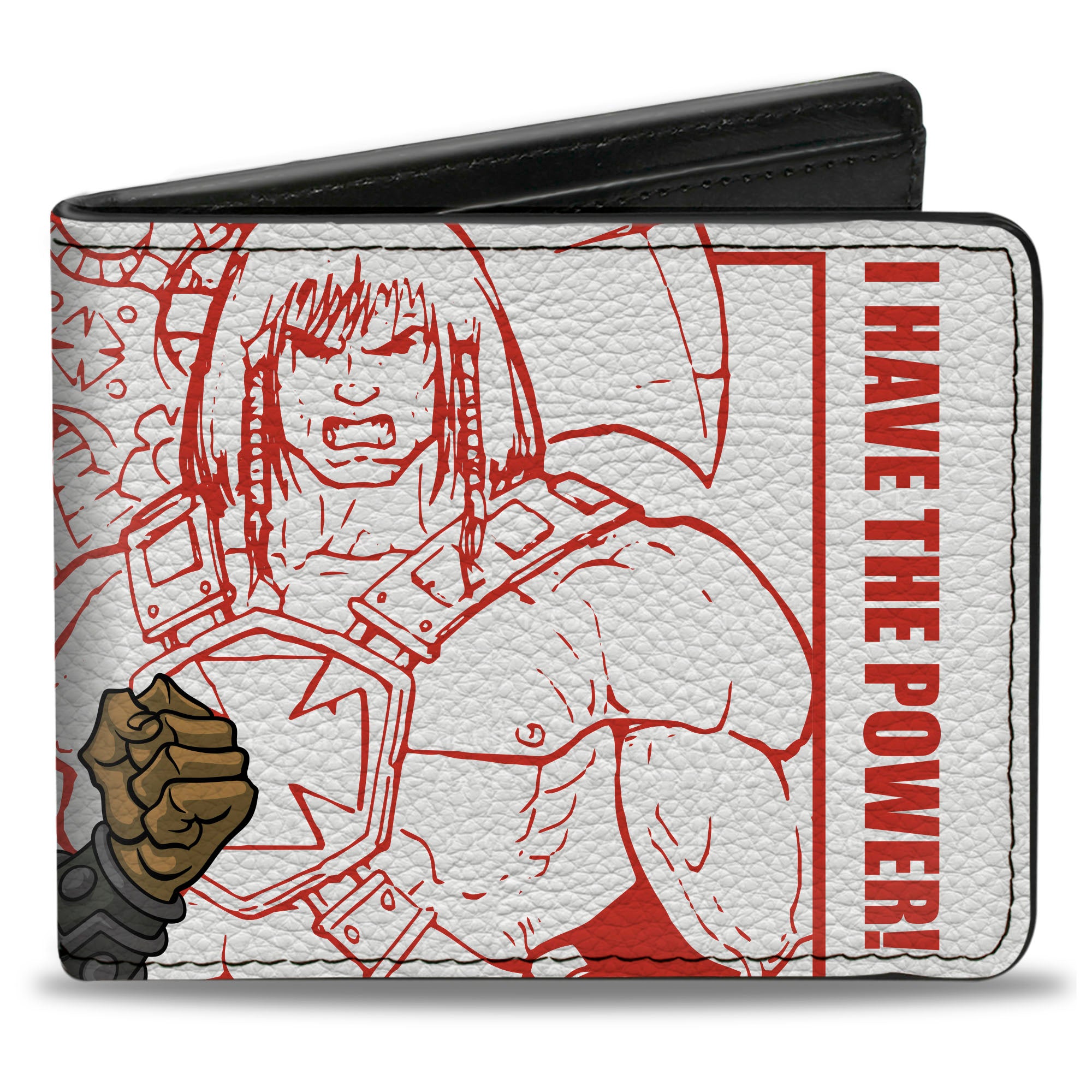 Bi-Fold Wallet - MOTU He-Man I HAVE THE POWER Pose and Sketch White/Red Bi-Fold Wallets Masters of the Universe