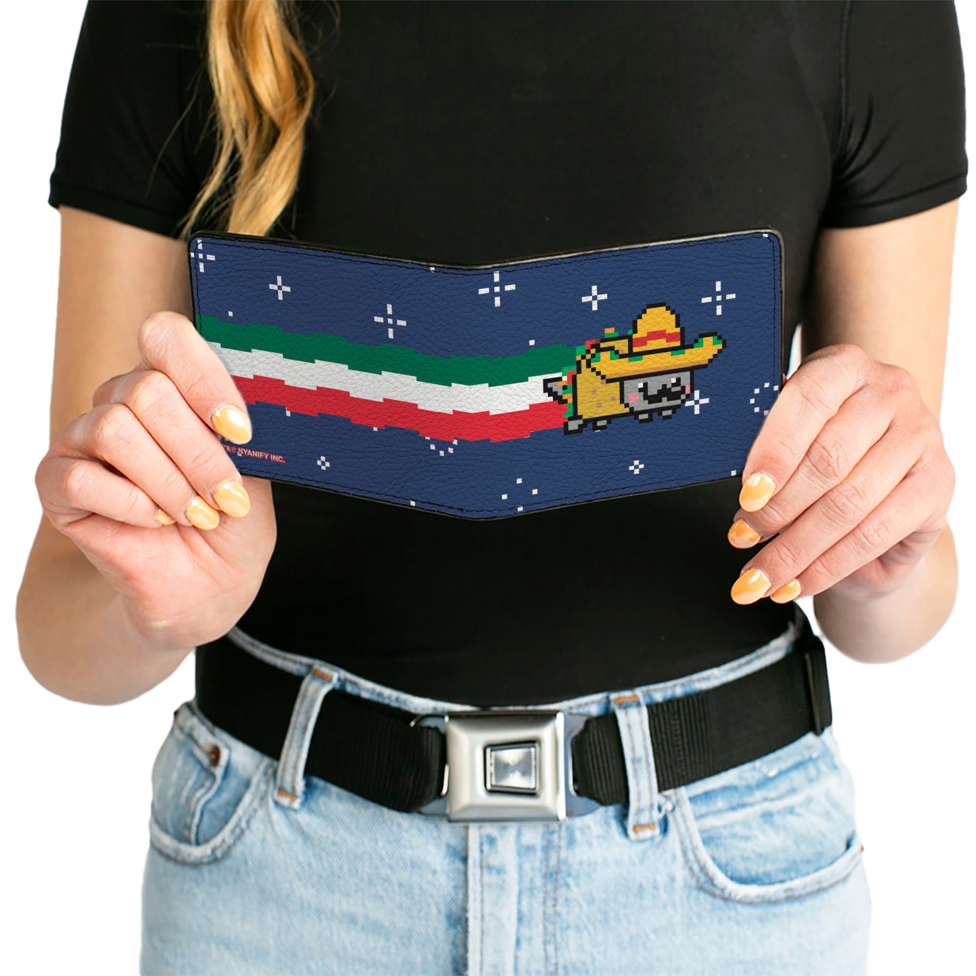 Bi-Fold Wallet - Mexican Taco Nyan Cat Flying Pose Blue/White Bi-Fold Wallets Nyan Cat