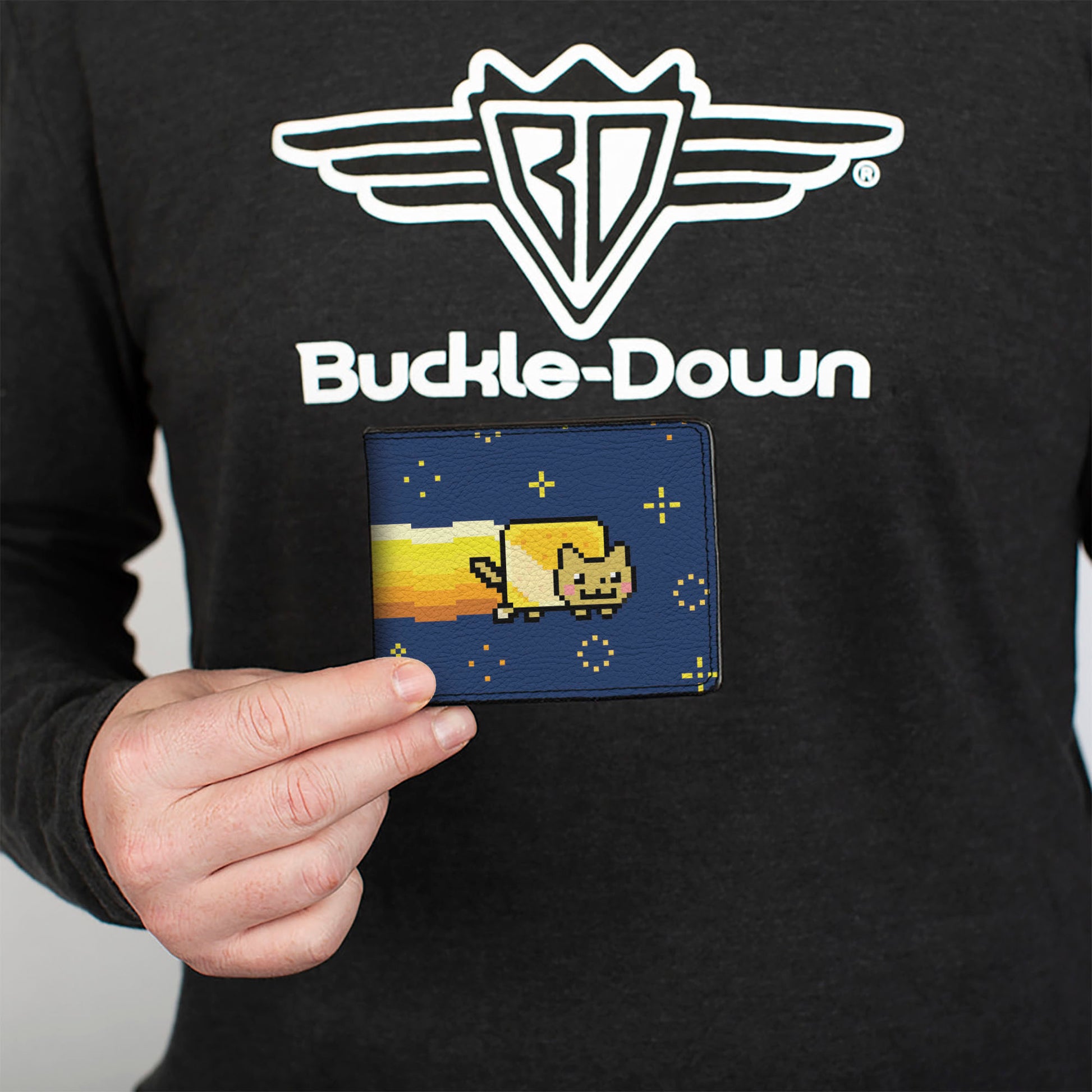 Bi-Fold Wallet - Shiny Golden Nyan Cat Flying Pose Blue/Yellow Bi-Fold Wallets Nyan Cat