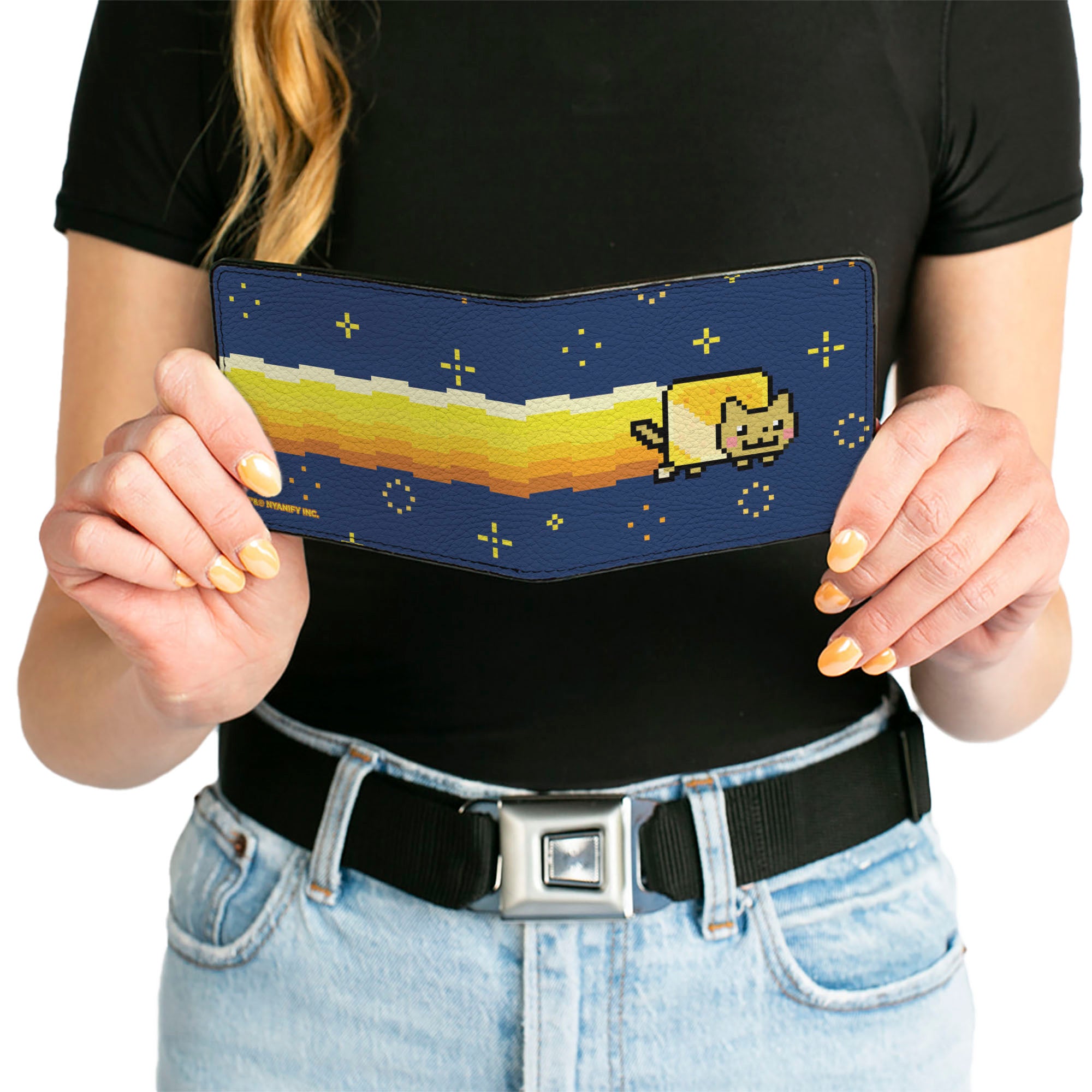 Bi-Fold Wallet - Shiny Golden Nyan Cat Flying Pose Blue/Yellow Bi-Fold Wallets Nyan Cat
