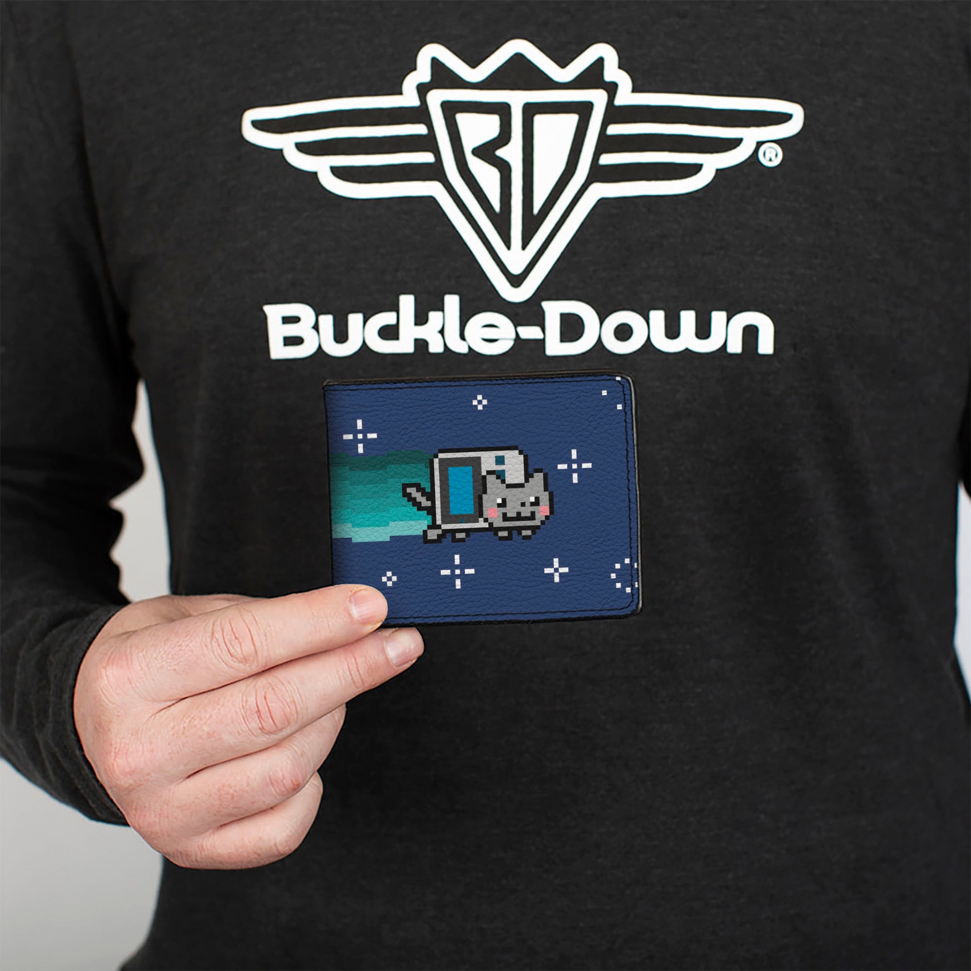Bi-Fold Wallet - Retro Gaming Boy Nyan Cat Flying Pose Blue/White Bi-Fold Wallets Nyan Cat