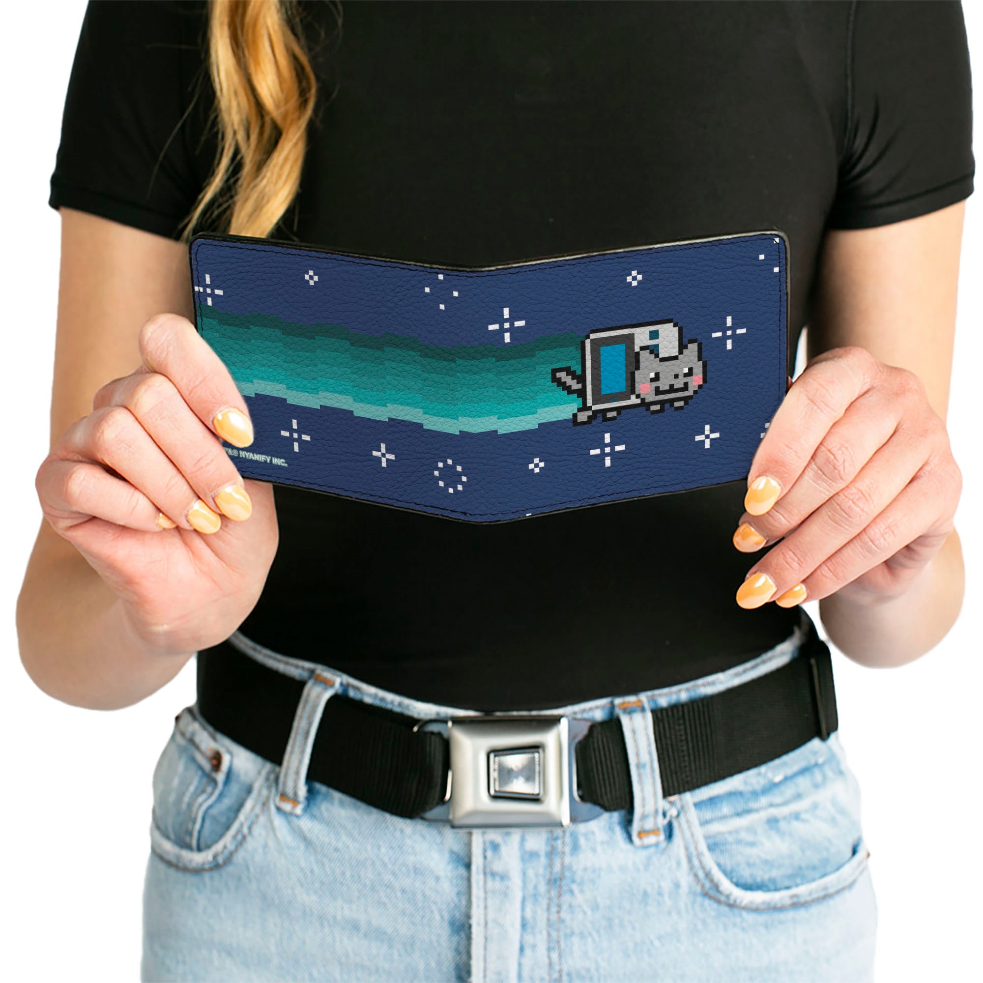 Bi-Fold Wallet - Retro Gaming Boy Nyan Cat Flying Pose Blue/White Bi-Fold Wallets Nyan Cat