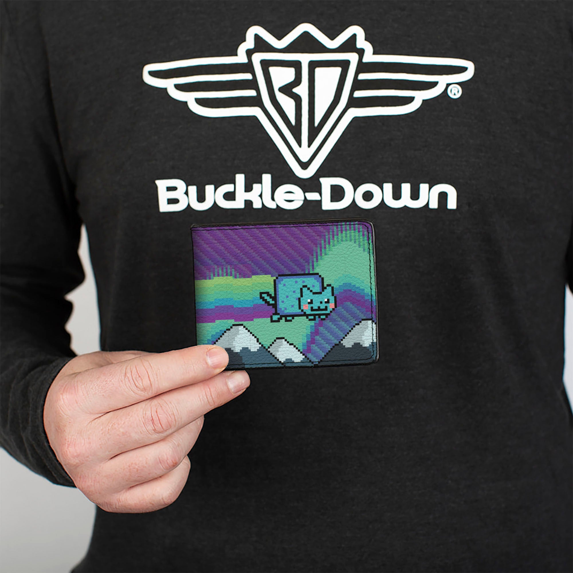 Bi-Fold Wallet - Aurora Lights Nyan Cat Flying Pose Purples/Blues/Greens Bi-Fold Wallets Nyan Cat
