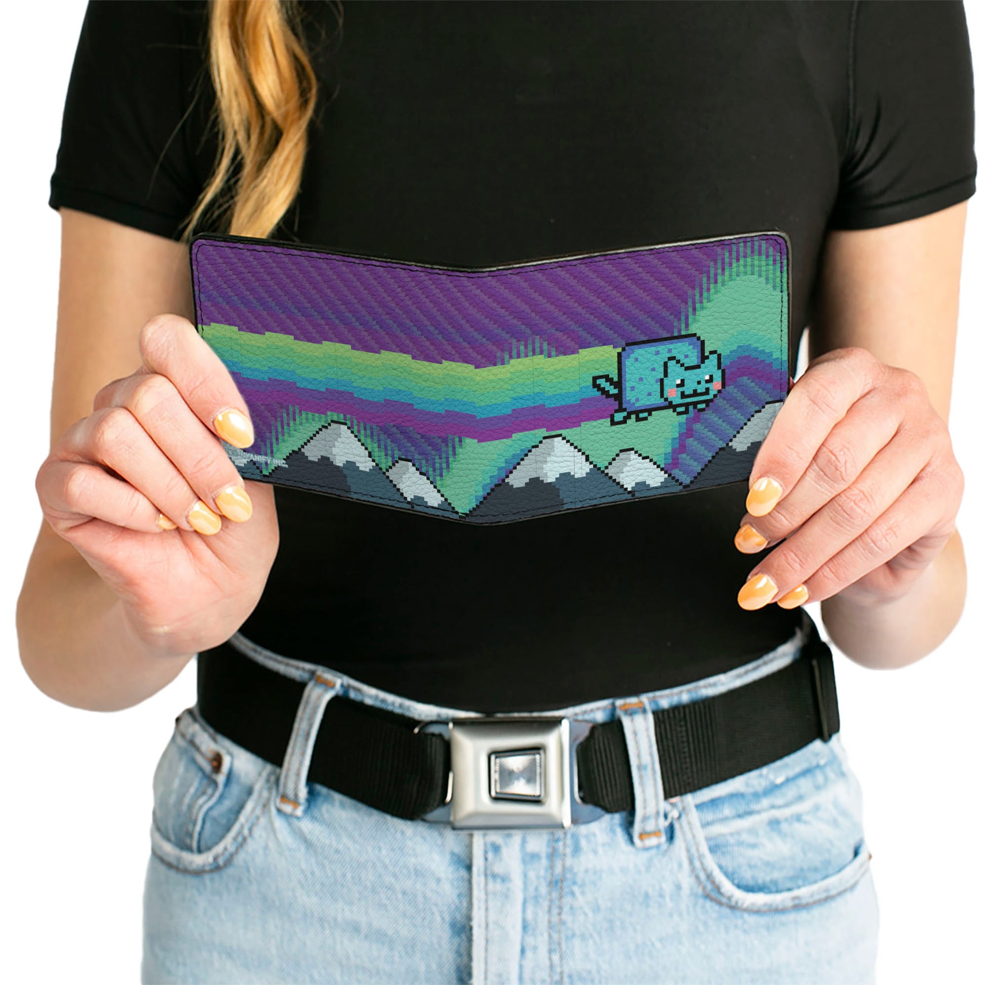 Bi-Fold Wallet - Aurora Lights Nyan Cat Flying Pose Purples/Blues/Greens Bi-Fold Wallets Nyan Cat