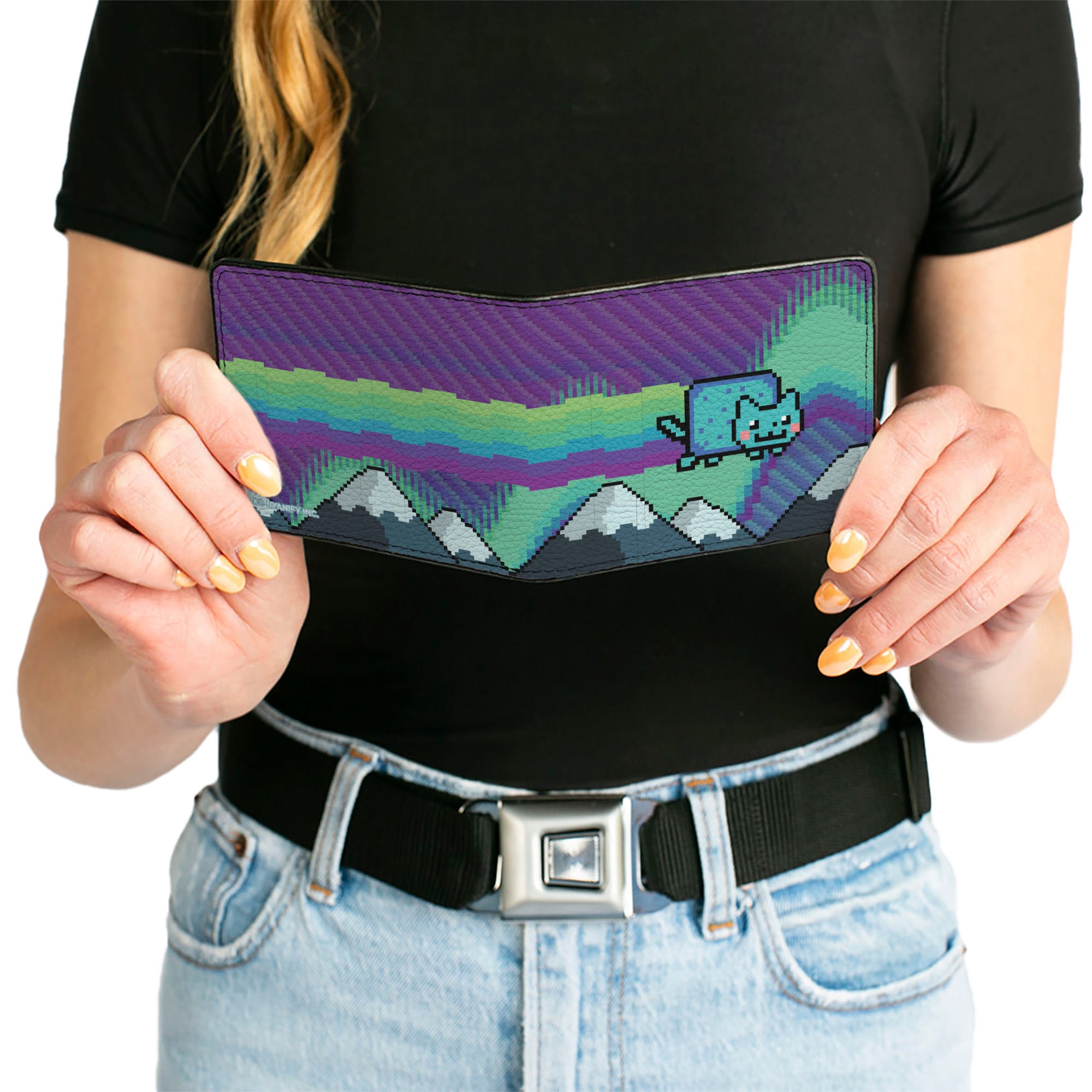 Bi-Fold Wallet - Aurora Lights Nyan Cat Flying Pose Purples/Blues/Greens Bi-Fold Wallets Nyan Cat