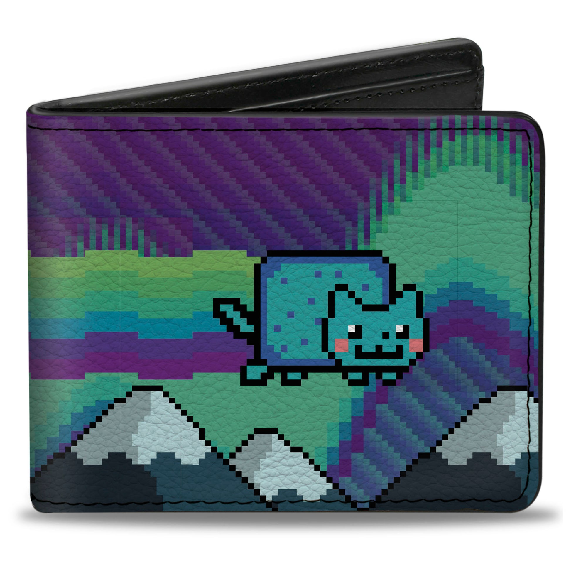 Bi-Fold Wallet - Aurora Lights Nyan Cat Flying Pose Purples/Blues/Greens Bi-Fold Wallets Nyan Cat