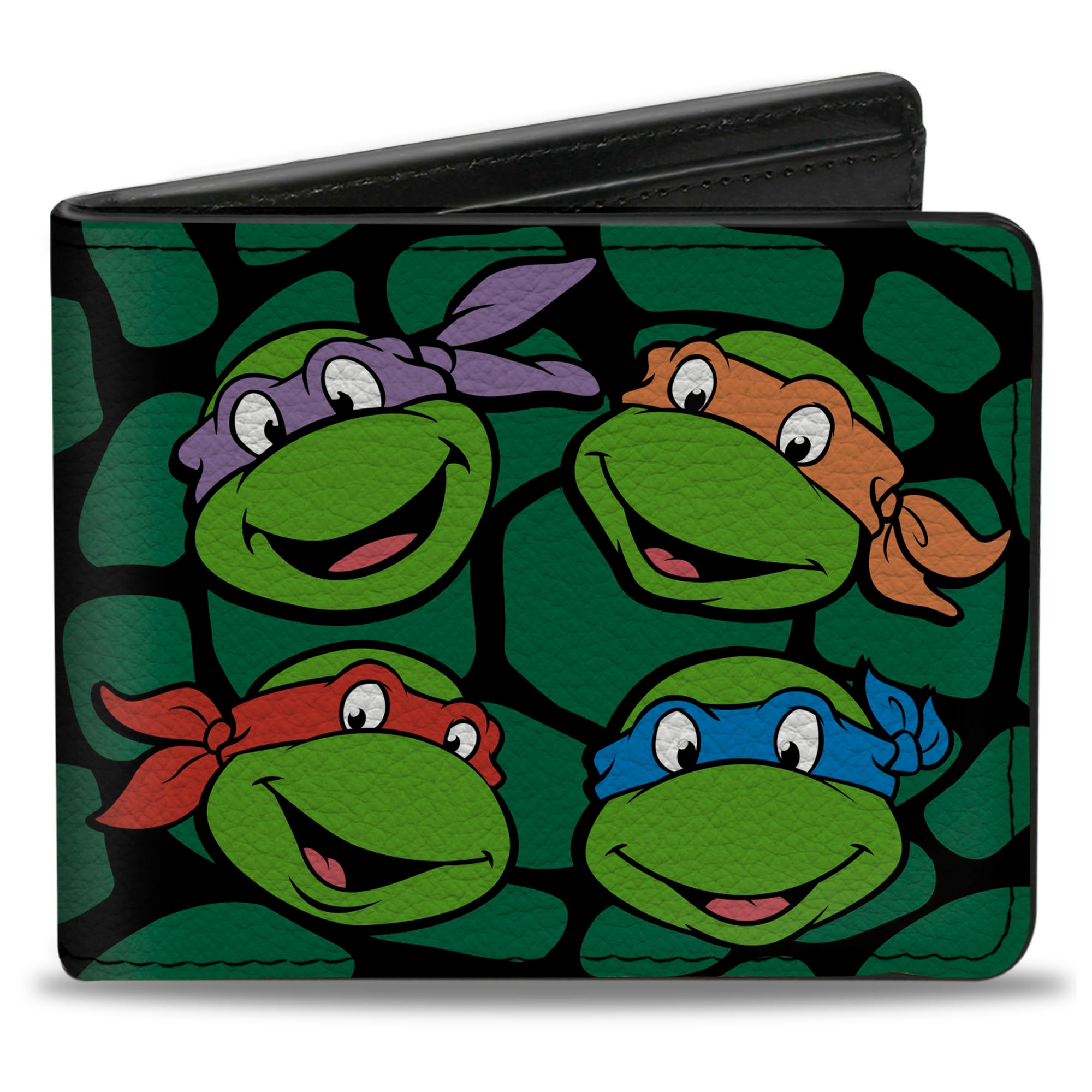 Bi-Fold Wallet - Classic TMNT Turtle Faces Black Green Turtle Shell Bi-Fold Wallets Teenage Mutant Ninja Turtles