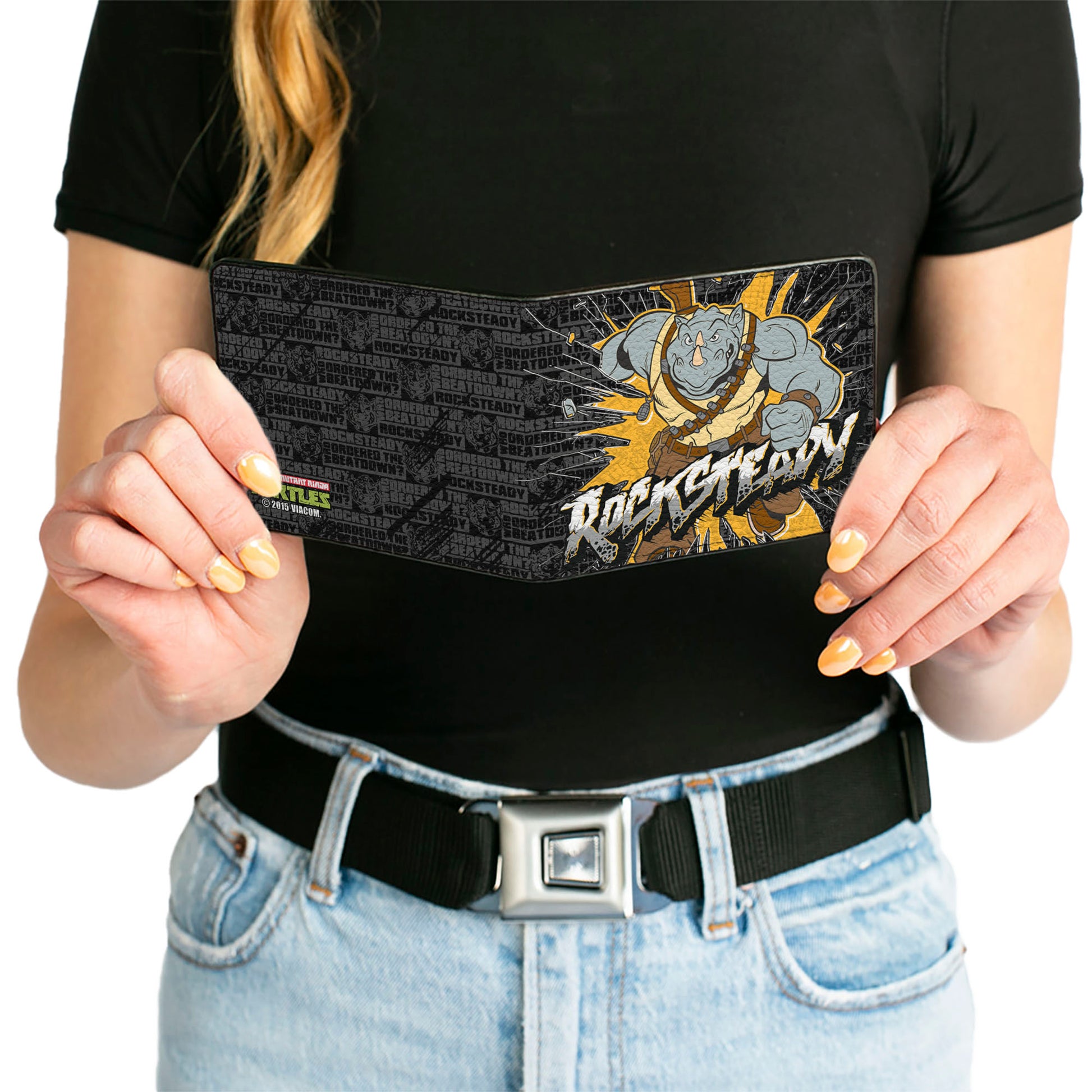 Bi-Fold Wallet - ROCKSTEADY Break Through Pose WHO ORDERED THE BEATDOWN Blocks Black Grays Gold Bi-Fold Wallets Teenage Mutant Ninja Turtles